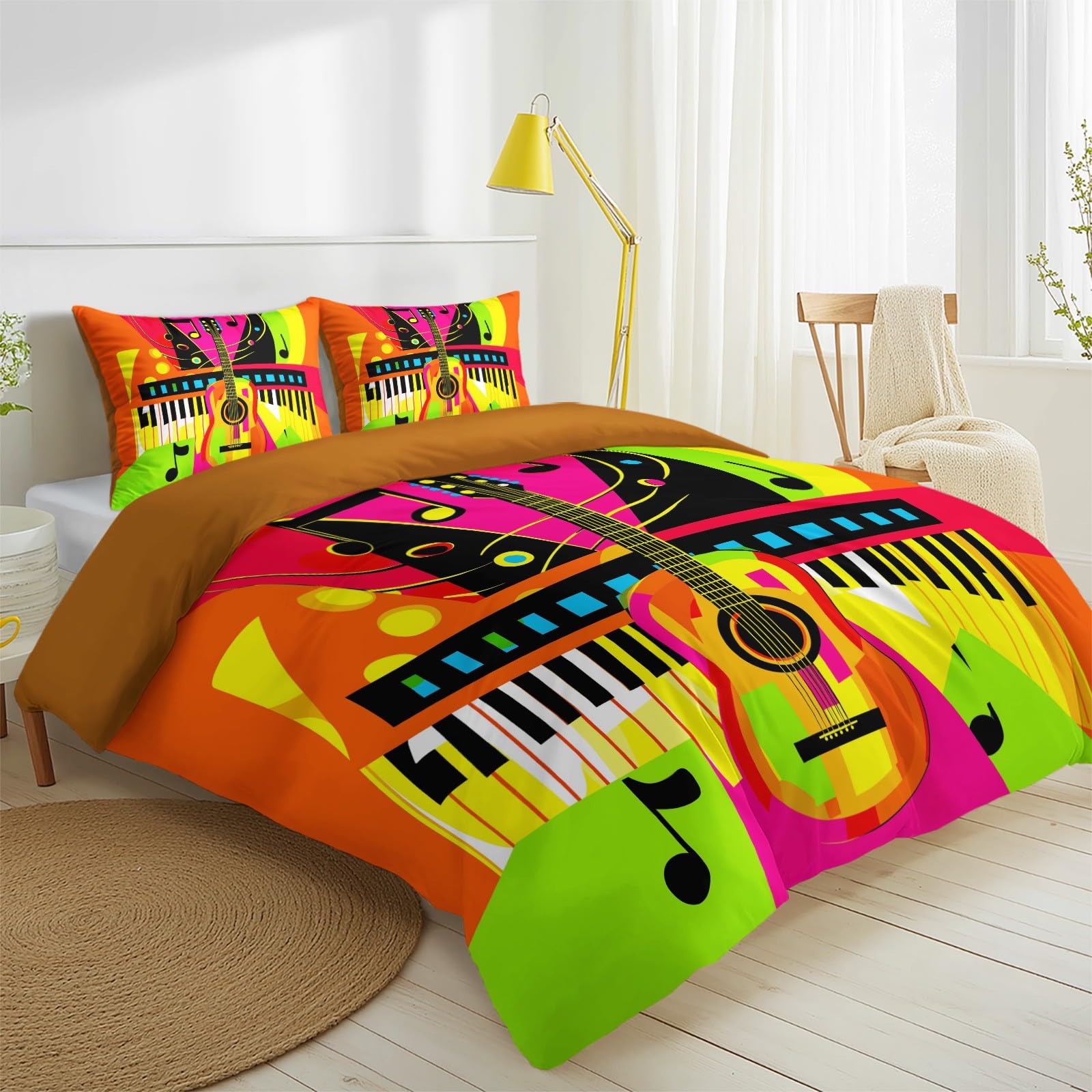 Rock Music Ropa de cama de 200 x 200 cm, 3 piezas, juego de funda nórdica – Pop Art guitarra piano partituras suave microfibra reversible ropa de cama con 2 fundas de almohada, naranja
