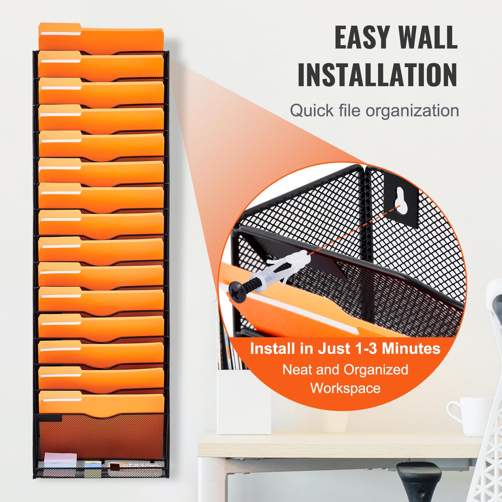 VEVOR Organiseur mural à suspendre - 16 niveaux - Support mural vertical en métal pour magazines, courrier et documents - Avec étiquette de nom, plateau plat inférieur - Pour bureau, maison et école