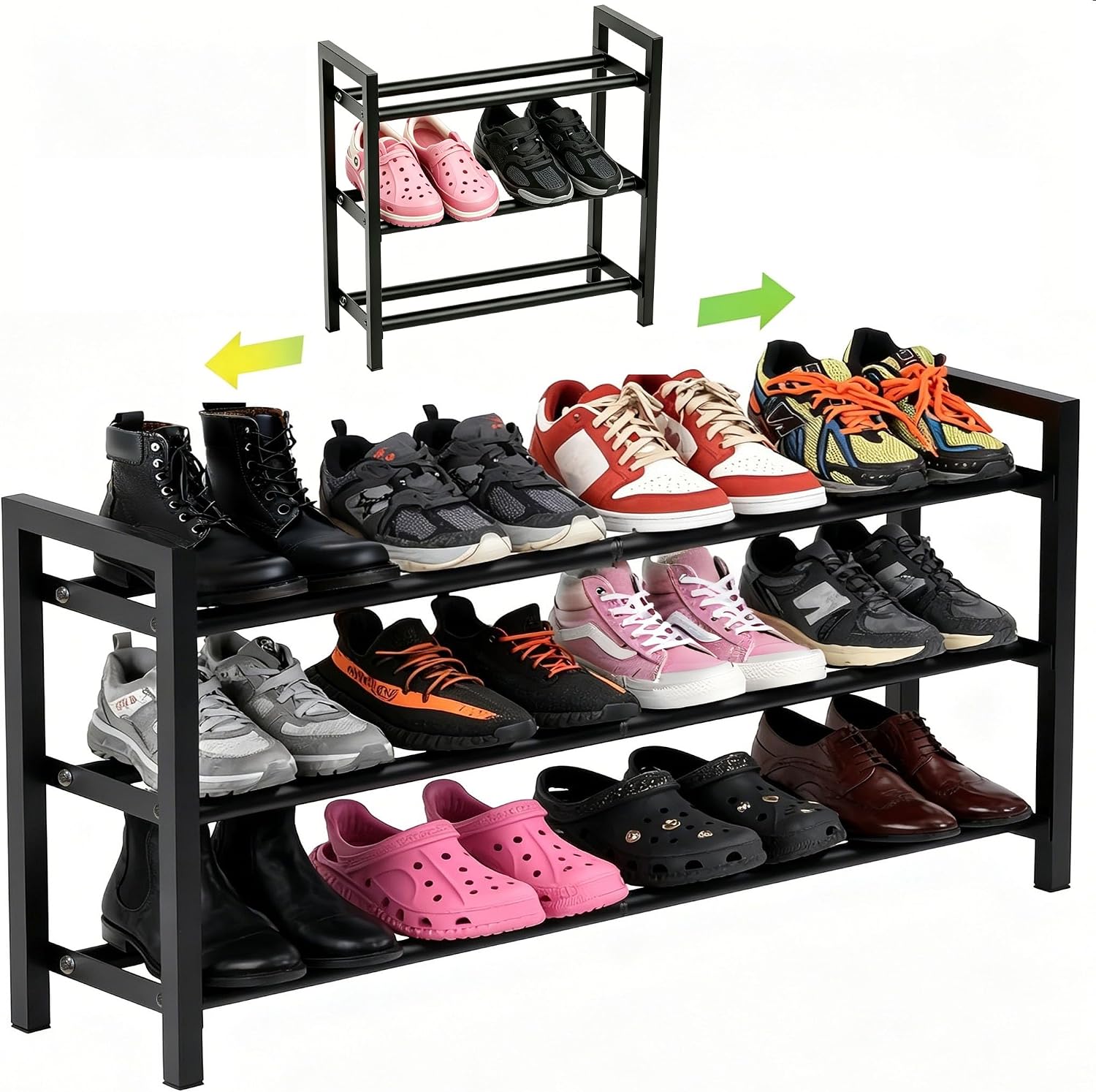 Expandable 3-Tier Metal Shoe Rack, Black Freestanding Storage Organizer | Telescopic, Adjustable, 60 lbs total load, Rust-proof metal, Quick Assembly for entryway closet Small Spaces