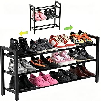 Expandable 3-Tier Shoe Rack Adjustable Shelf Organizer for Entryway Closet Freestanding Narrow Shoe Storage Cabinet for Small Spaces Holds 6-12 Pairs Heels Sneakers Black, 3 Tier