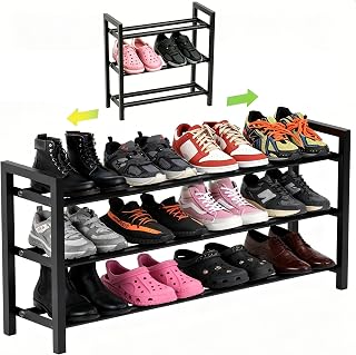 Expandable 3-Tier Metal Shoe Rack, Black Freestanding Storage Organizer | Telescopic, Adjustable, 60 lbs total load, Rust-proof metal, Quick Assembly for entryway closet Small Spaces