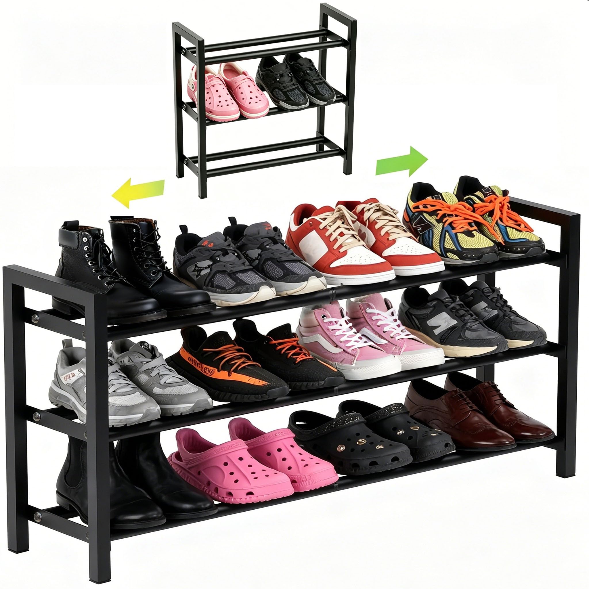 Expandable 3-Tier Metal Shoe Rack, Black Freestanding Storage Organizer