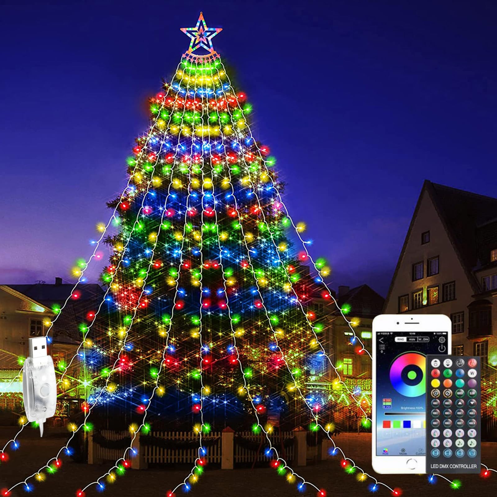 RAYWAYOutdoor Christmas Decorations Star String Lights, LED Waterfall Tree Lights,Christmas Lights Indoor Outdoor Decorative for Wedding and Birthday Party Home Holiday Decoration, Muitlcolor