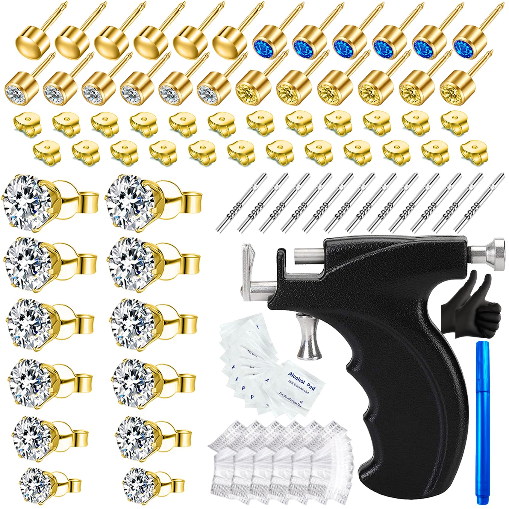 Professional Ear Piercing Kit with 18 Pairs of CZ Stones Ear Stud Earrings with Multi-Purpose Black Ear Piercing Gun with 8 Alcohol Pads for Salon and Home Use