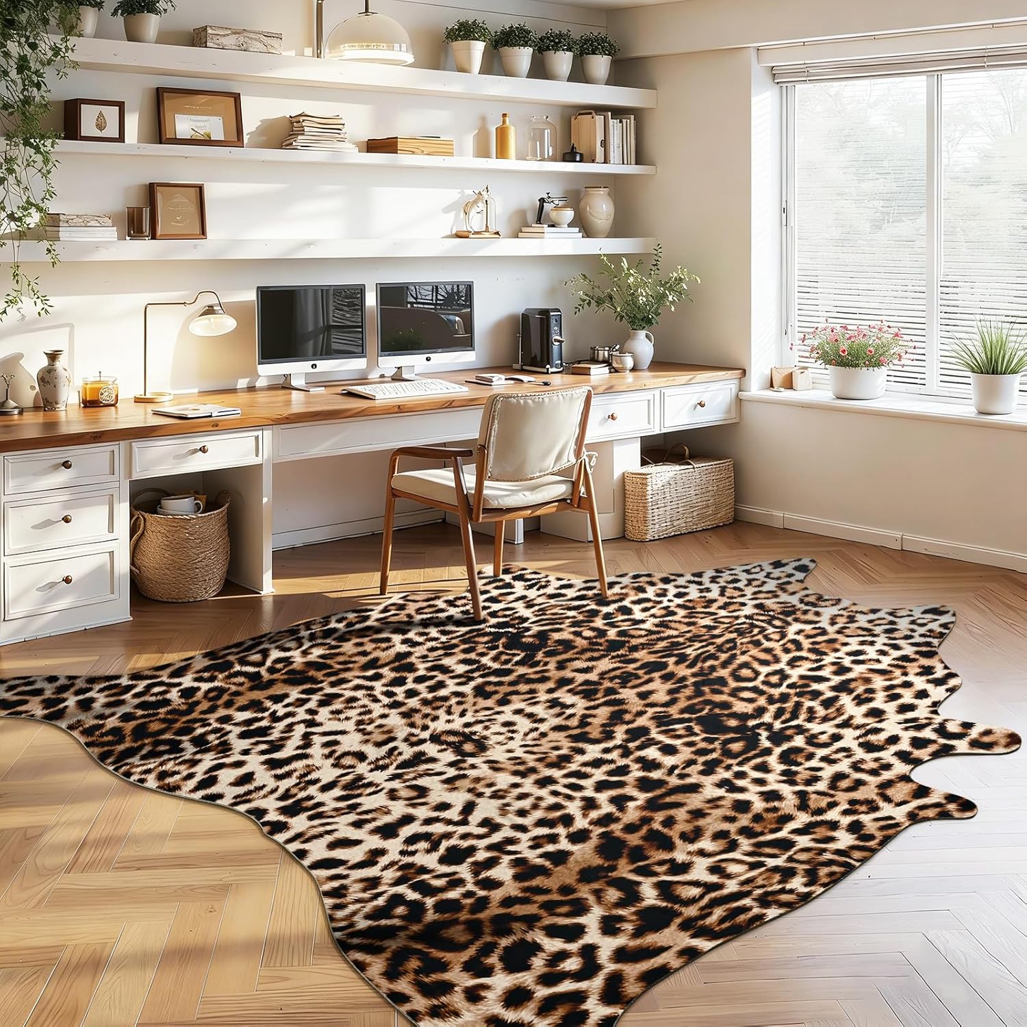 DweIke Faux Leopard Print Rug for Living Room, 4.6 x 5.2 ft Western Animal Cheetah Hide Rugs, Non Slip Cool Leopard Fur Skin Carpet for Bedroom Dining Room Farmhouse Entrance Home Decor, Dark Brown