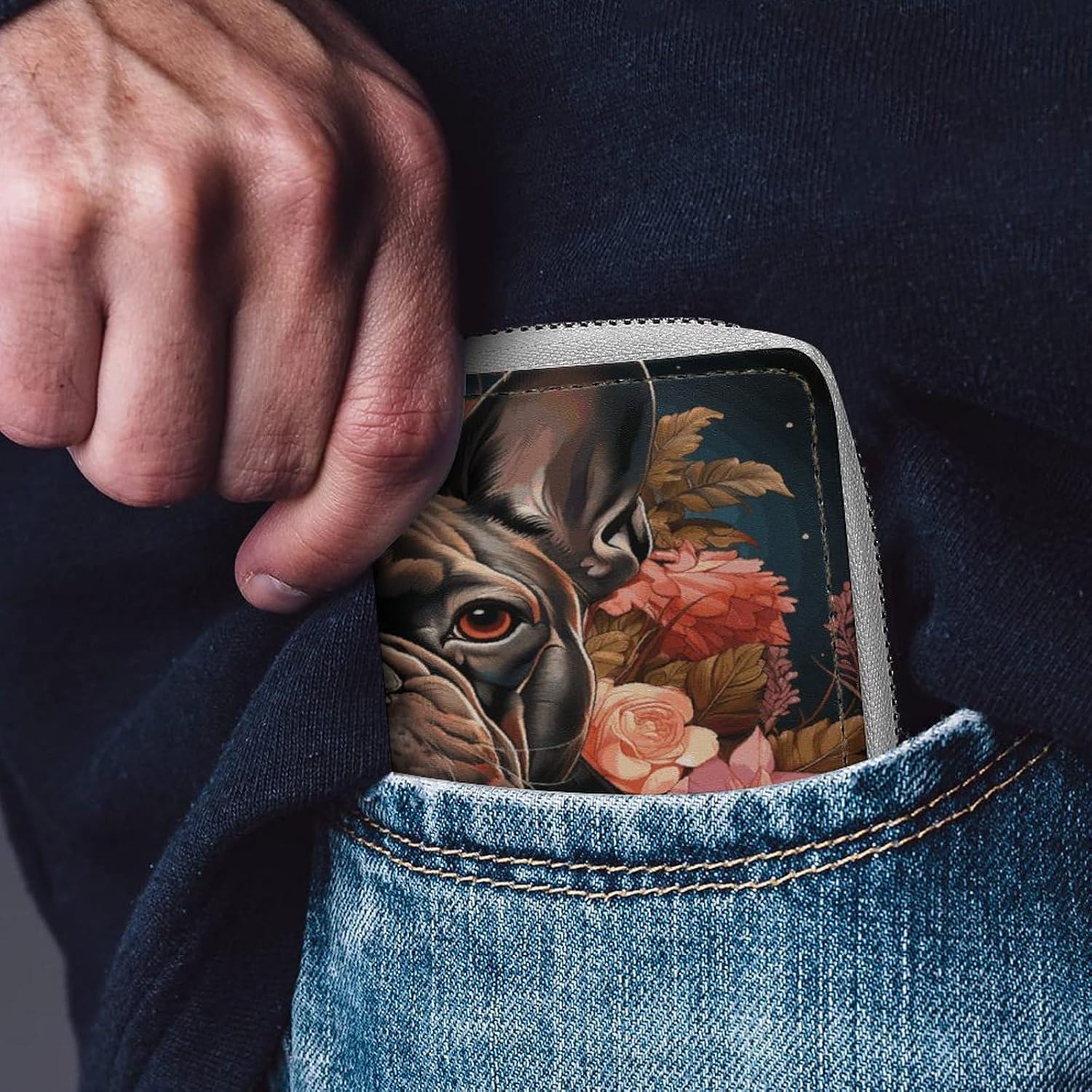 Bulldog And Flowers Card Holder RFID Blocking,Credit Card Wallet for Women And Men,Card Case Organizer Bag with Zipper