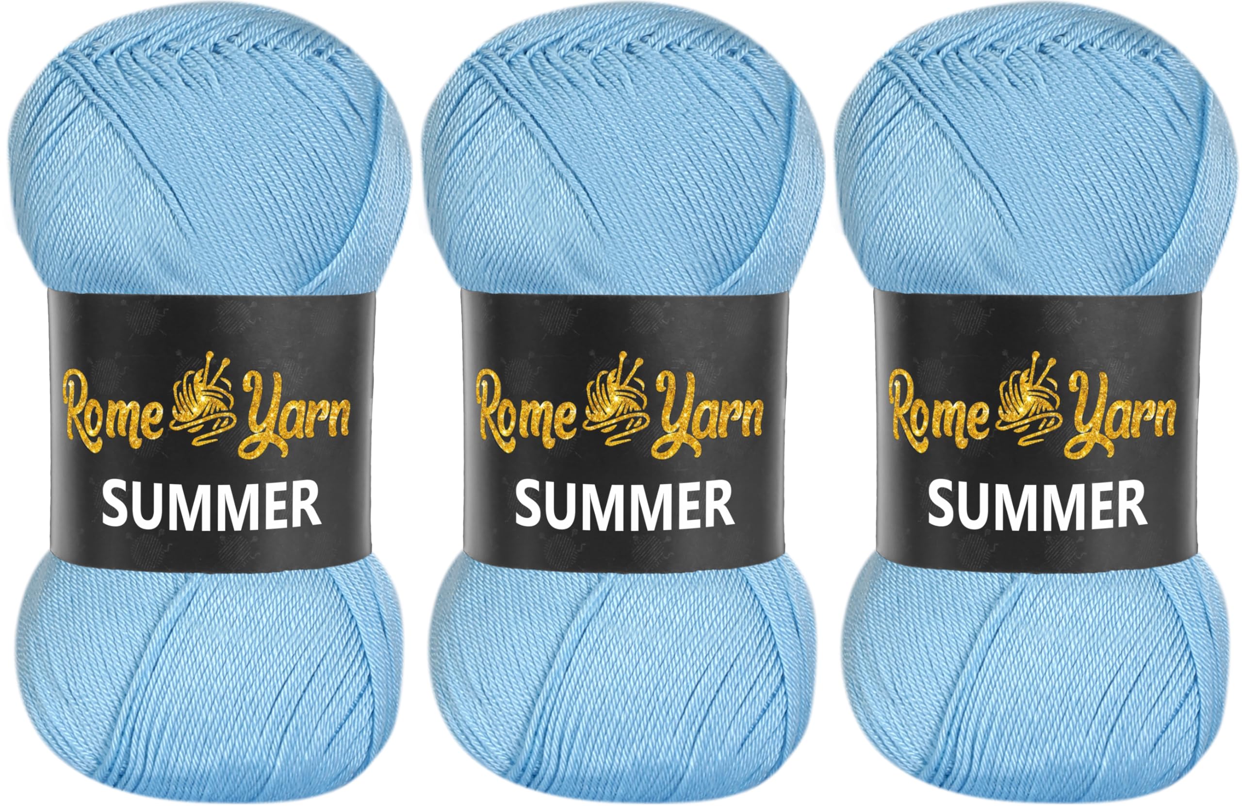 Rome Yarn Summer Yarn - 3 x 100 g (350 m) with Silk Effect | Satin Texture Anti-Pilling Microfiber Acrylic | #2 Fine Lightweight Yarn for Knitting & Crochet (537 Light Blue)