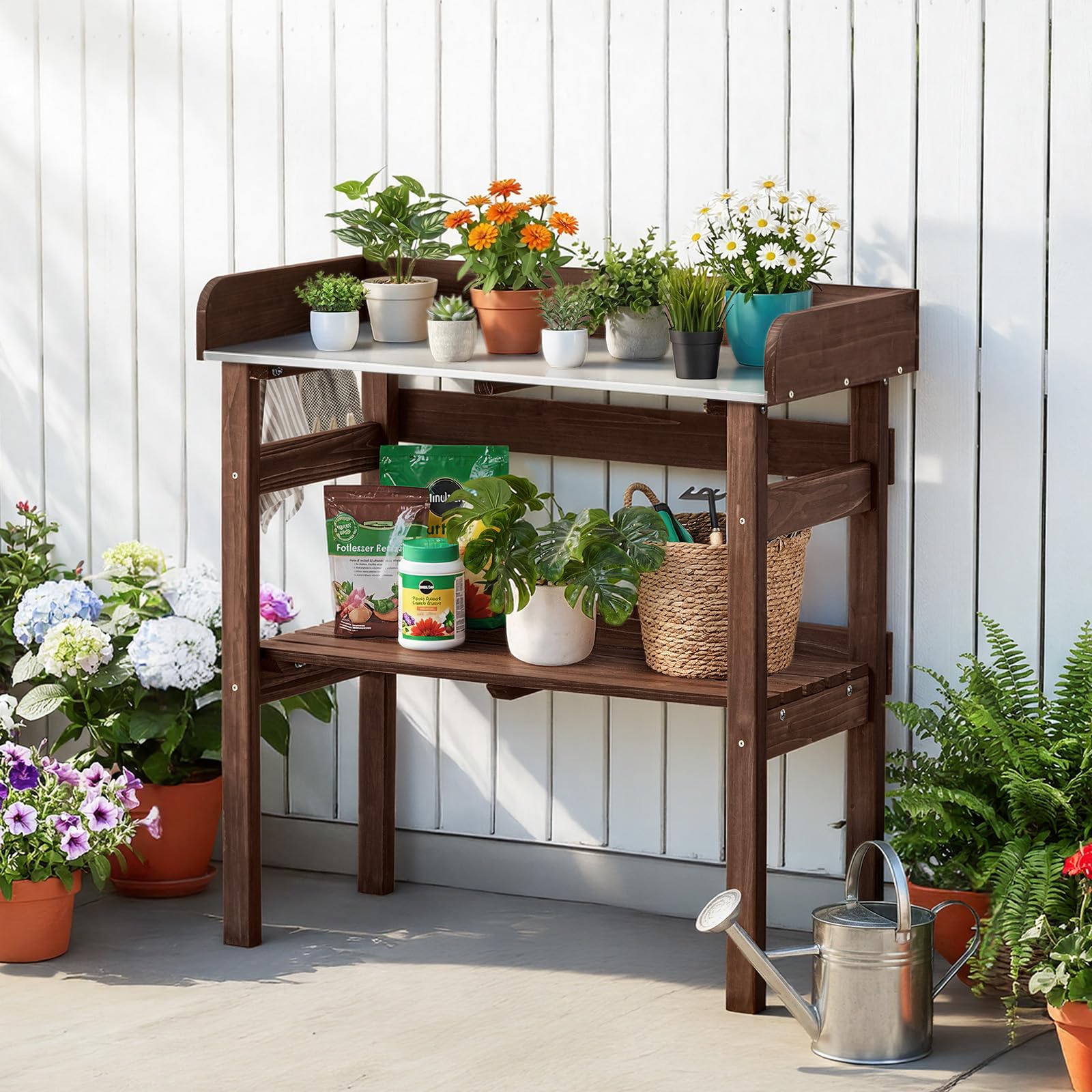 VEVOR Mesa de Jardinería, Banco de Trabajo de Jardín de Madera 78 x 38 x 82 cm con Tablero de Metal Galvanizado, Estante Superior, Ganchos, Cajón, Armario para Macetas Exterior Almacenamiento Patio