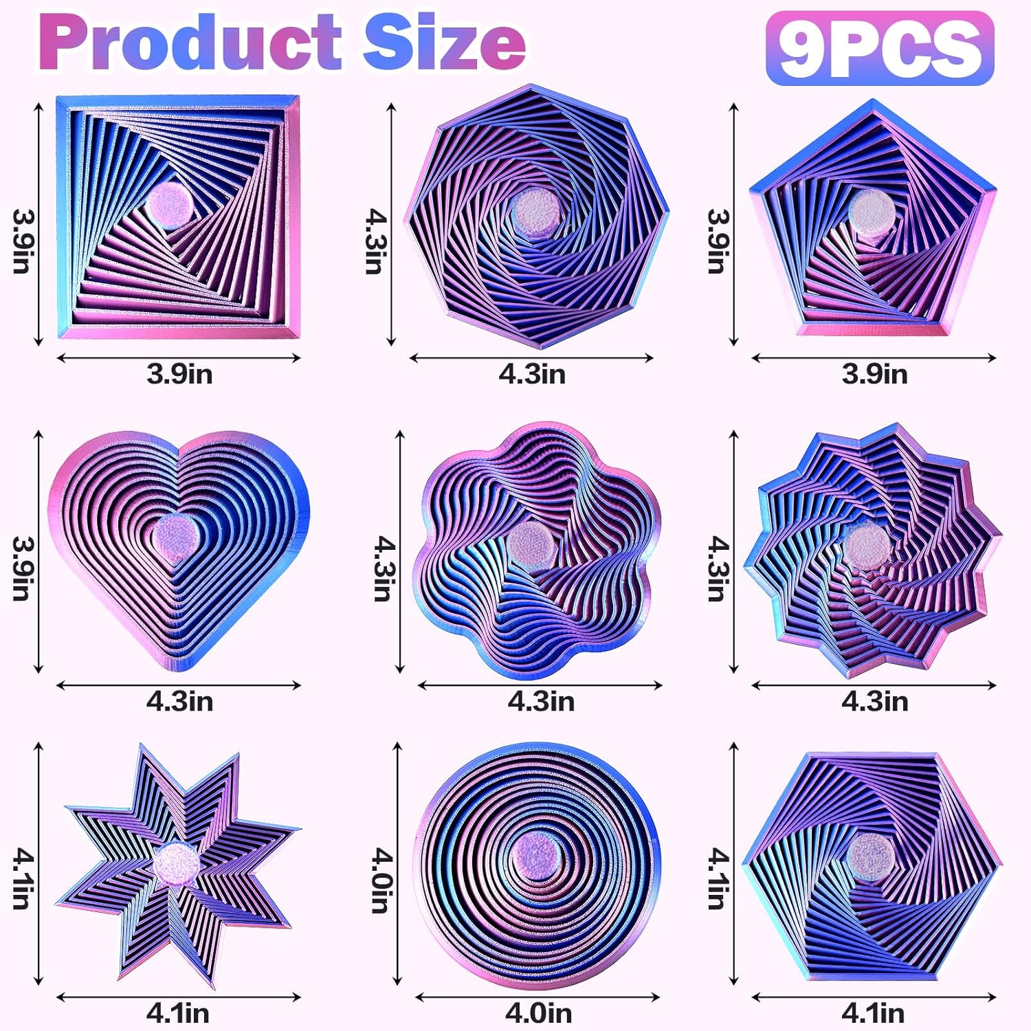9 Pcs 3D Printed Fidget Toys with Detachable Handle, Changing Spiral Stress Relief Star with Sound，3-d Transformable Expanded Sensory Set for Adults& Kids,Figet Print Round Toy for Office Desk（LSZ