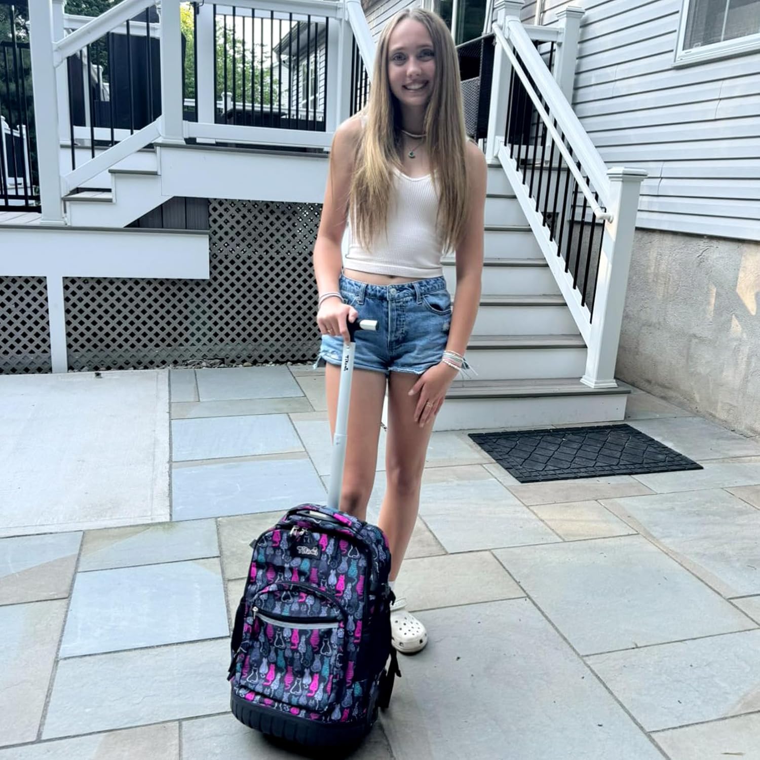 Tilami Rolling Backpack, 18 inch Shoulder Drop, Concealed Pockets and Wheel Cover, Laptop Backpack for Boys and Girls, Cat Black - Image 2