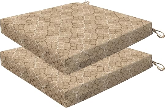 Honeycomb Outdoor Essentials Set of 2 Square Seat Pads, 19 x 19 | Courtyard Geo Almond Square Dining Chair Cushions, Water & Fade Resistant, Reversible Design for Indoor/Outdoor Seating