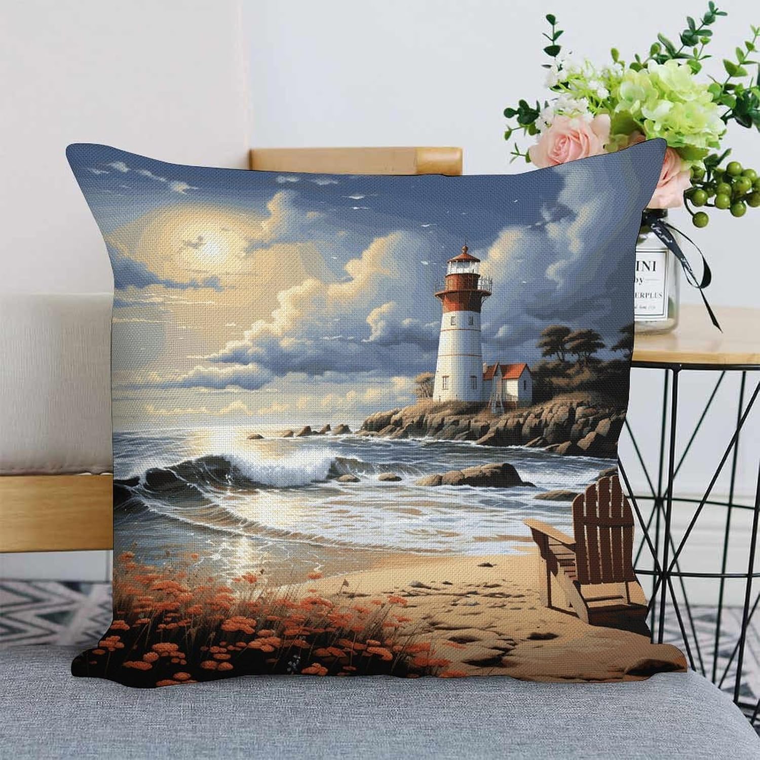 Sea Lighthouse Sandbeach Pillow Protectors Cute Waterproof Pillow Cover Soft Skin-Friendly Cushion Case Decorative Square Cushion Cover for Couch Sofa Bed Living Room Bedroom