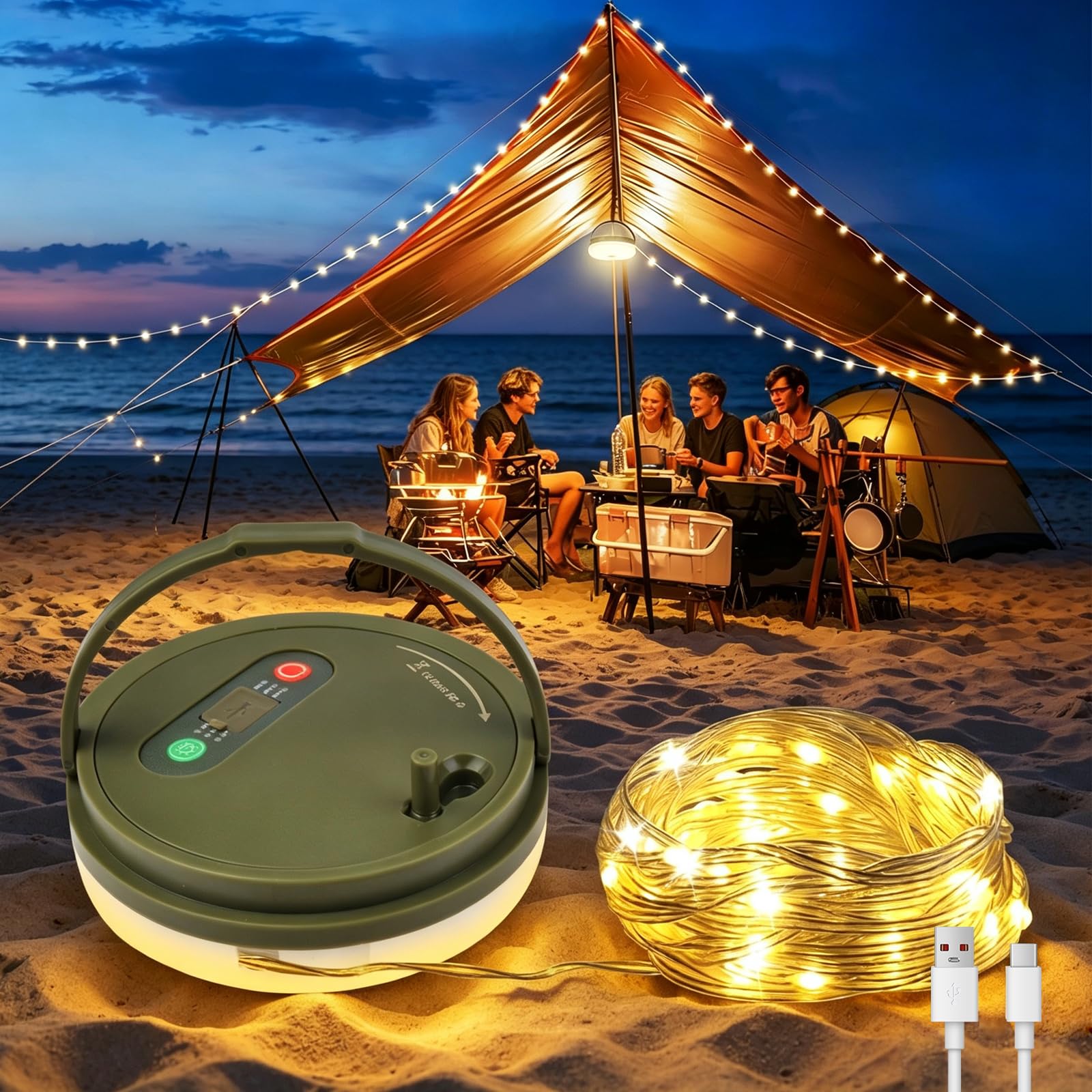 Camping Lichterkette Aufrollbar, Tragbare Wiederaufladbar LED Lichterkette Outdoor Campinglampe 10M Wasserdichte Zeltleuchten für Camping, Hof, Garten