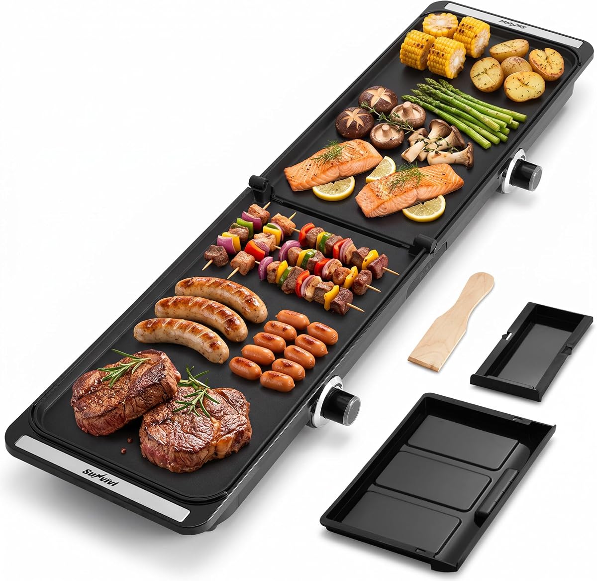 SUNVIVPRO 38" x 11" Foldable Electric Griddle with 2 Cooking Zones | 1700W XL Electric Griddle with Nonstick Plates & Drip Tray, 150-450℉ Adjustable Temp, Ideal for Family Parties & BBQ, Black