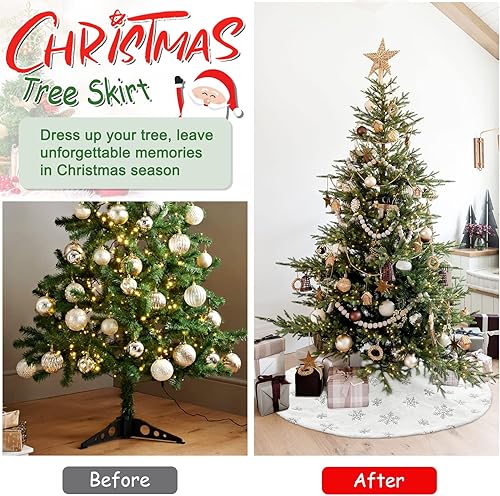 Miniatura 45 de Falda de árbol de Navidad de 36 pulgadas, faldas blancas de piel sintética con copos de nieve de lentejuelas doradas, falda de árbol de felpa suave