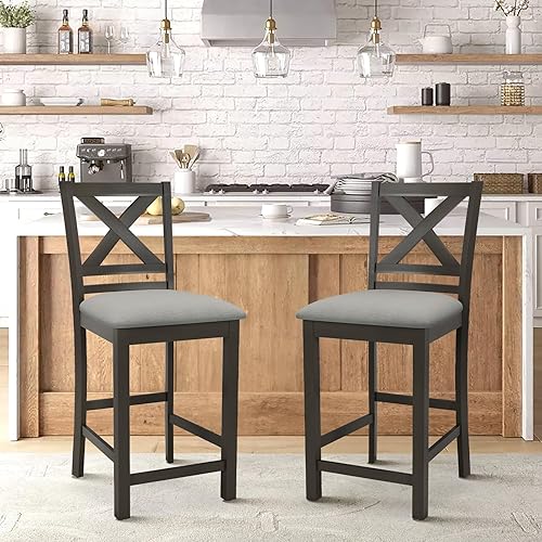 Miniatura 3 de COLAMY Bar Stools Set of 2, Counter Height Bar Stools, Mid Century Modern Barstools with Back, Wood Barstools for Kitchen Dining Room Bar, Dark Grey