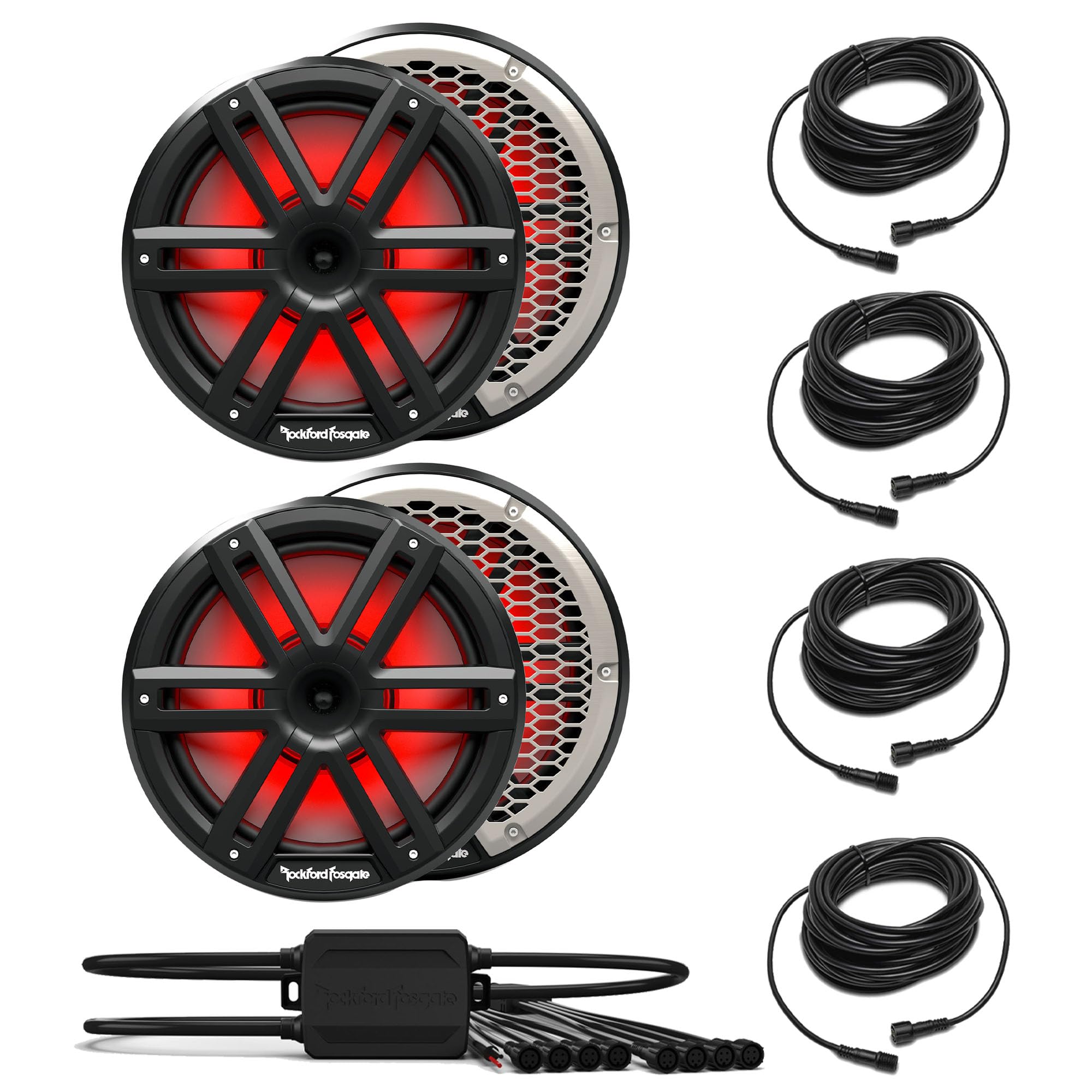 Rockford Fosgate 2 Pair M2-10HB M2 Series 10" Horn Marine Black & Stainless Grilles Included + (1) PMX-RGB Optix Light Controller + (4) RGB-25 25' Extension Cable