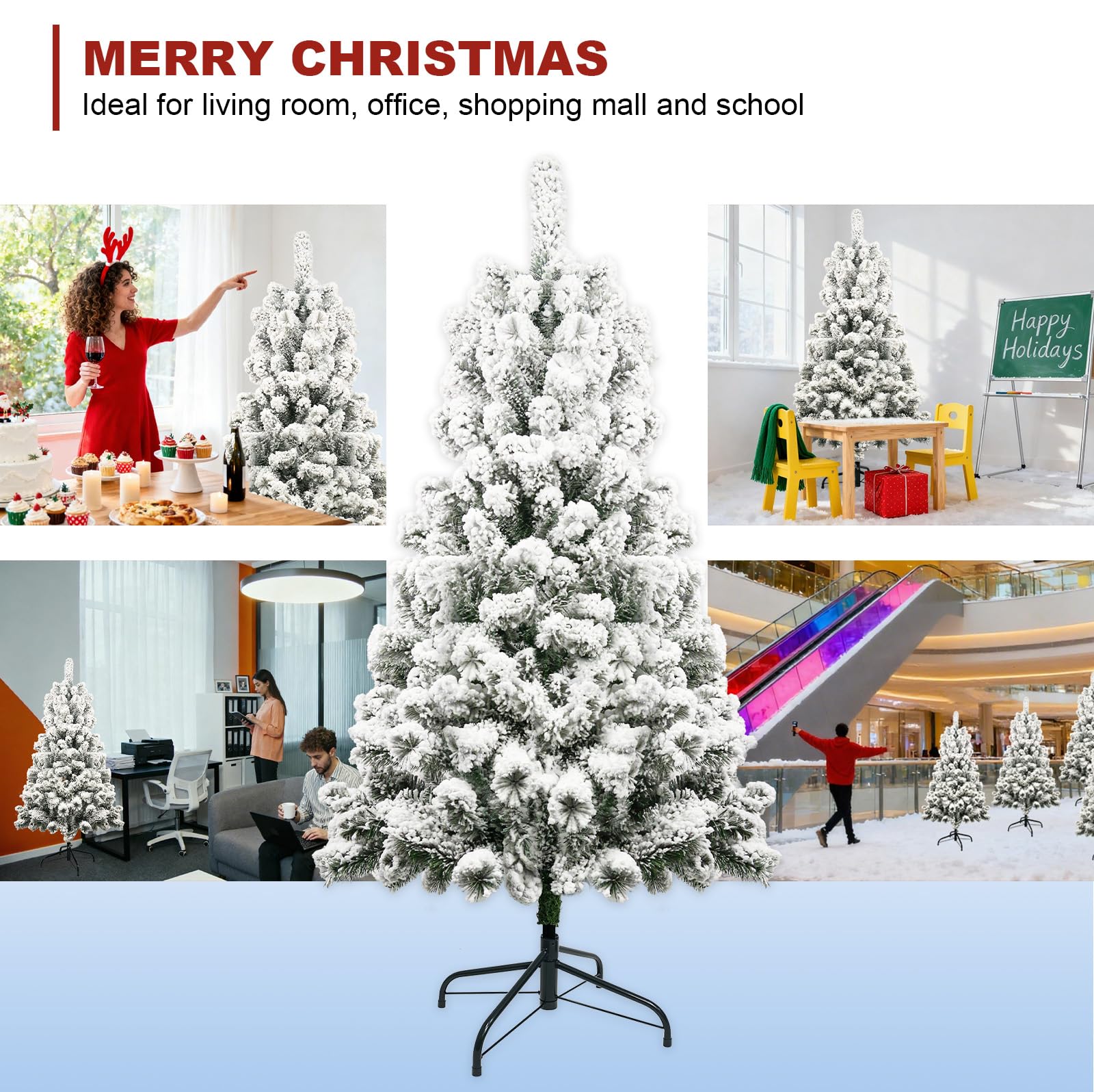 Albero di Natale Artificiale Innevato 150 cm,280 Rami,PVC Ago di Pino Effetto Realistico,Decorazione di Natale,Base Metallica