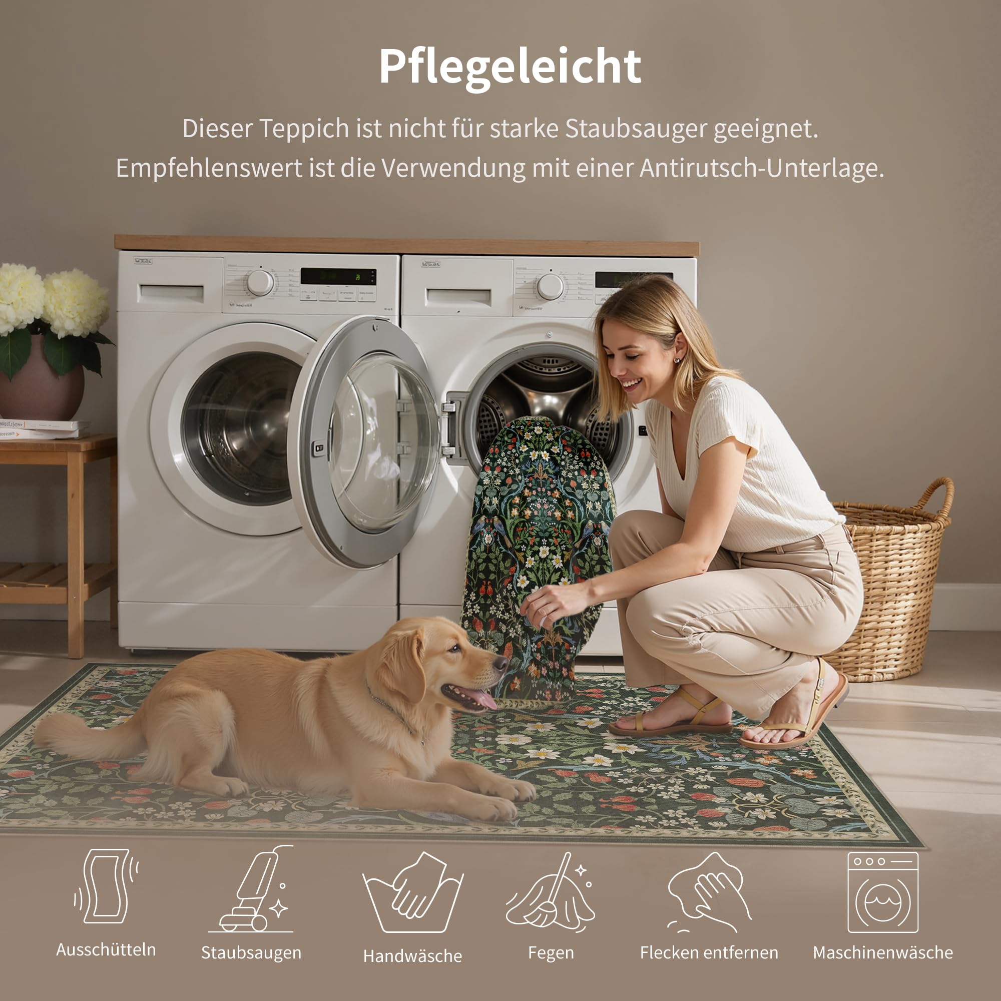 PureCozy Teppich Wohnzimmer 200x300cm Waschbarer Blumenmuster kurzflor rutschfest Weich Boho Vintage Teppiche Groß für Schlafzimmer Esszimmer Bedroom Living Room, Grün