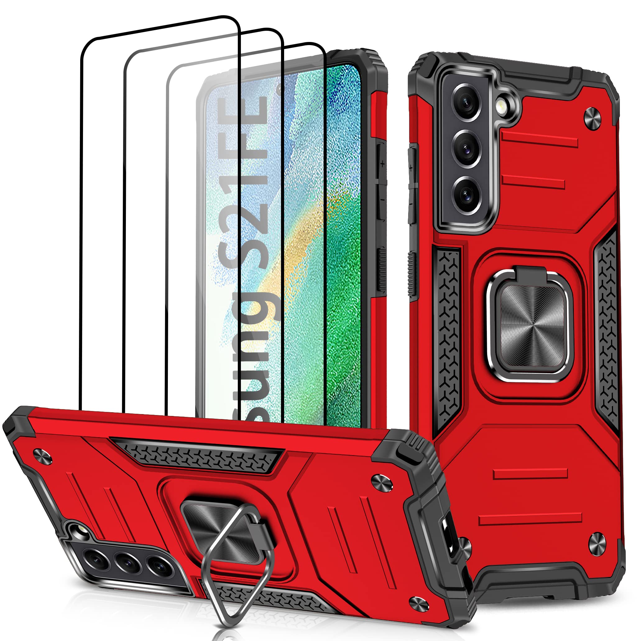 Case for Galaxy S21 FE 5G with 3 Pcs Tempered Glass Screen Protector, Military-Grade Built in Magnetic Ring Kickstand Dual Layer Hybrid Shockproof