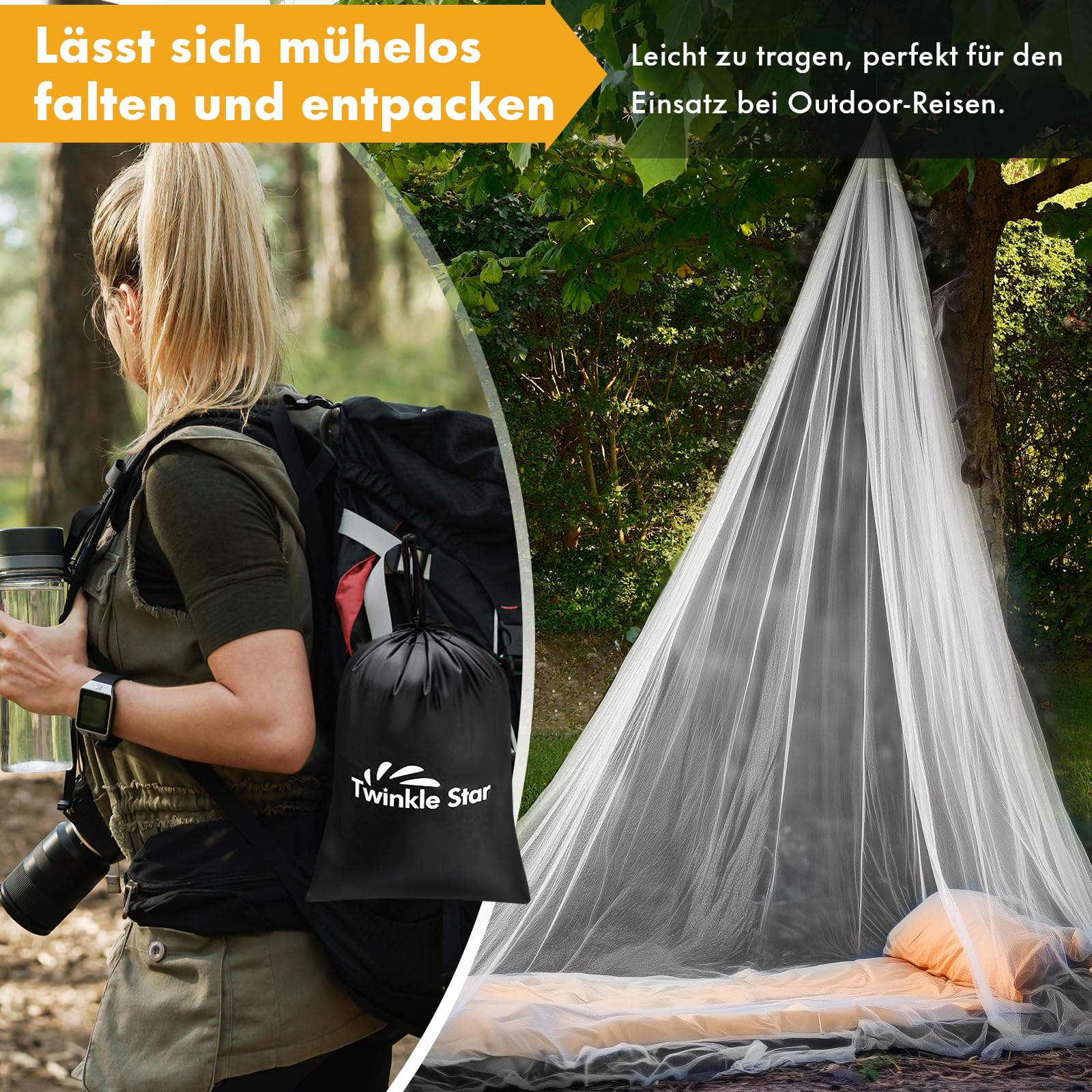 Twinkle Star Moskitonetz Reise mit Reisetasche und Aufhänge-Seil, Öffnungsdesign Mückennetz, 2,2m hoch, 12m Umfang, Doppelbett Einzelbett Outdoor Moskitonetz für Reisen, Camping, Picknicks