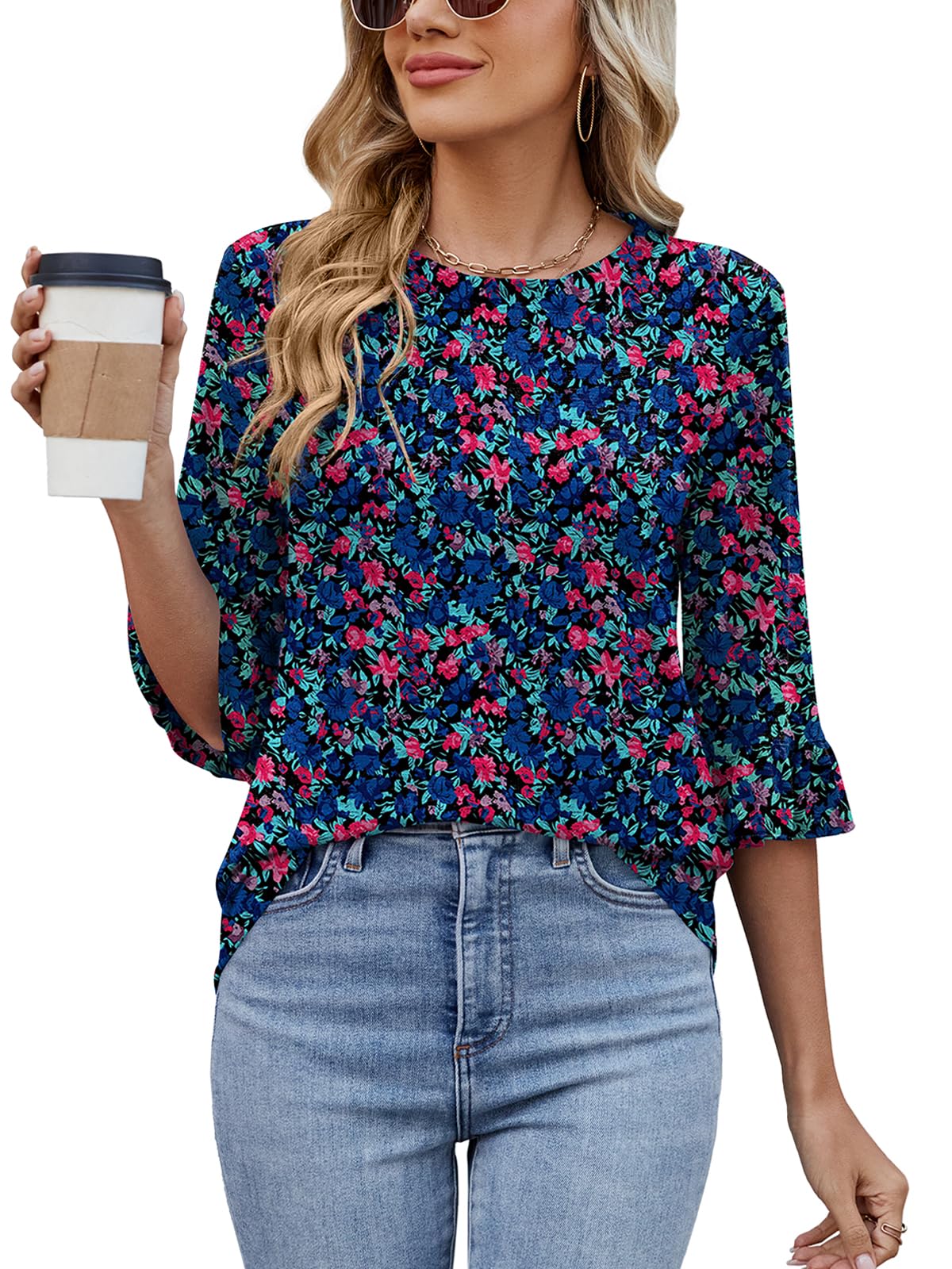 Poetsky Womens 3/4 Ruffle Sleeve Tops Casual Crew Neck Summer T-Shirts Loose Fit Tunic Blouses