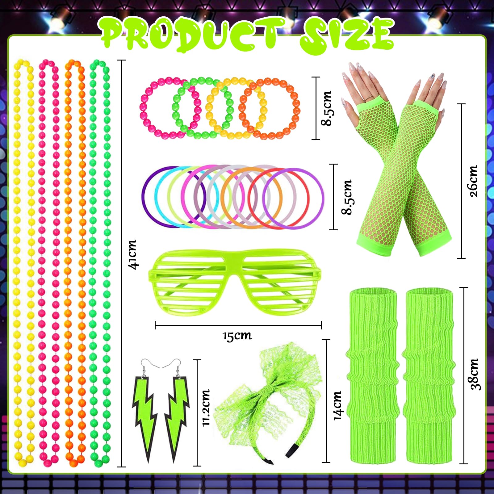 Costume Anni 80 Donna Con Accessori Neon | 26 Pezzi Per Feste A Tema | Taglie M, L, XL - Foto 10