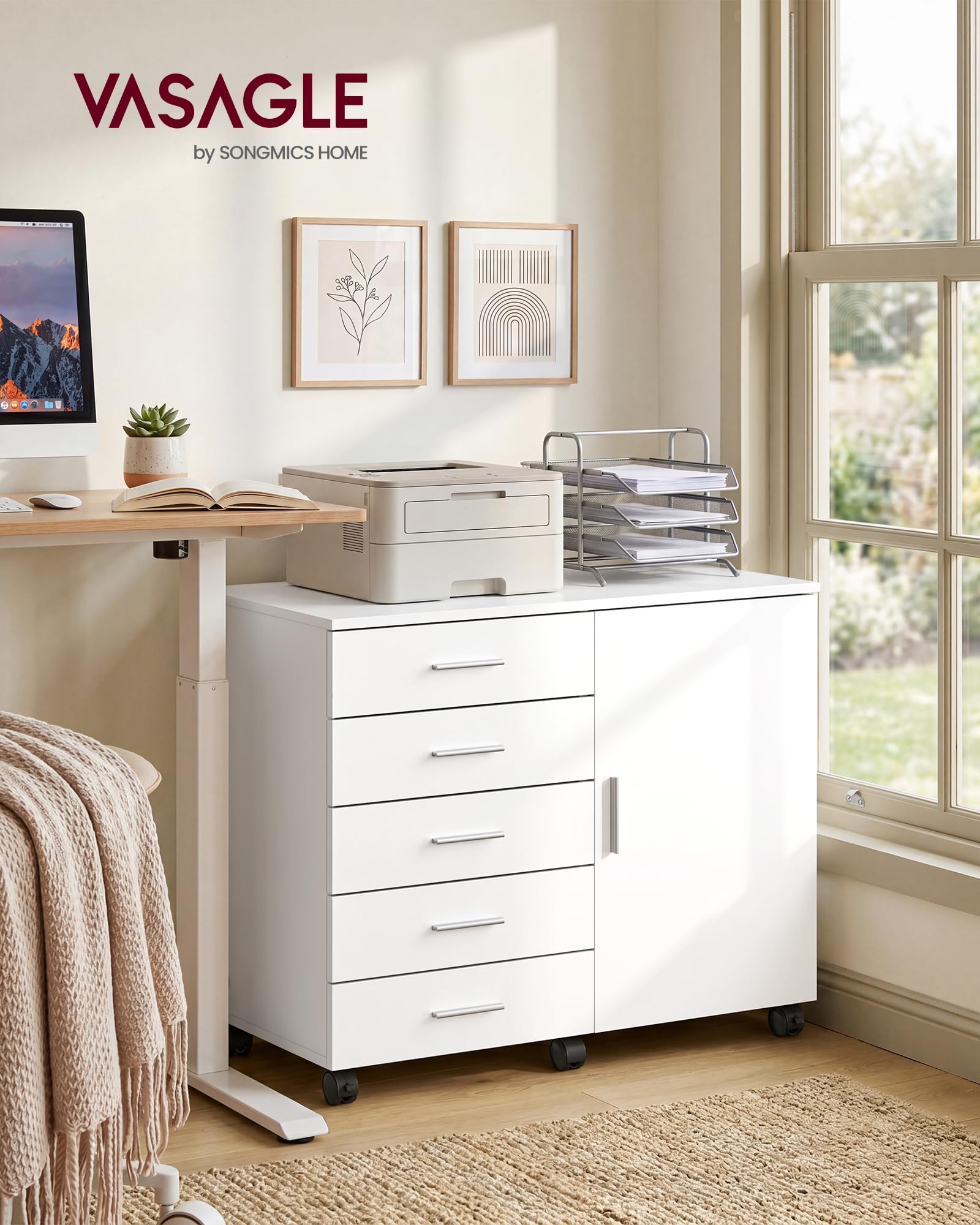 VASAGLE Caisson de Bureau, Meuble de Rangement avec 5 Tiroirs et 1 Porte, Support Imprimante sur roulettes, 80 x 40 x 65 cm, Blanc, pour Bureau à Domicile, Collection Custos OFC092WB02