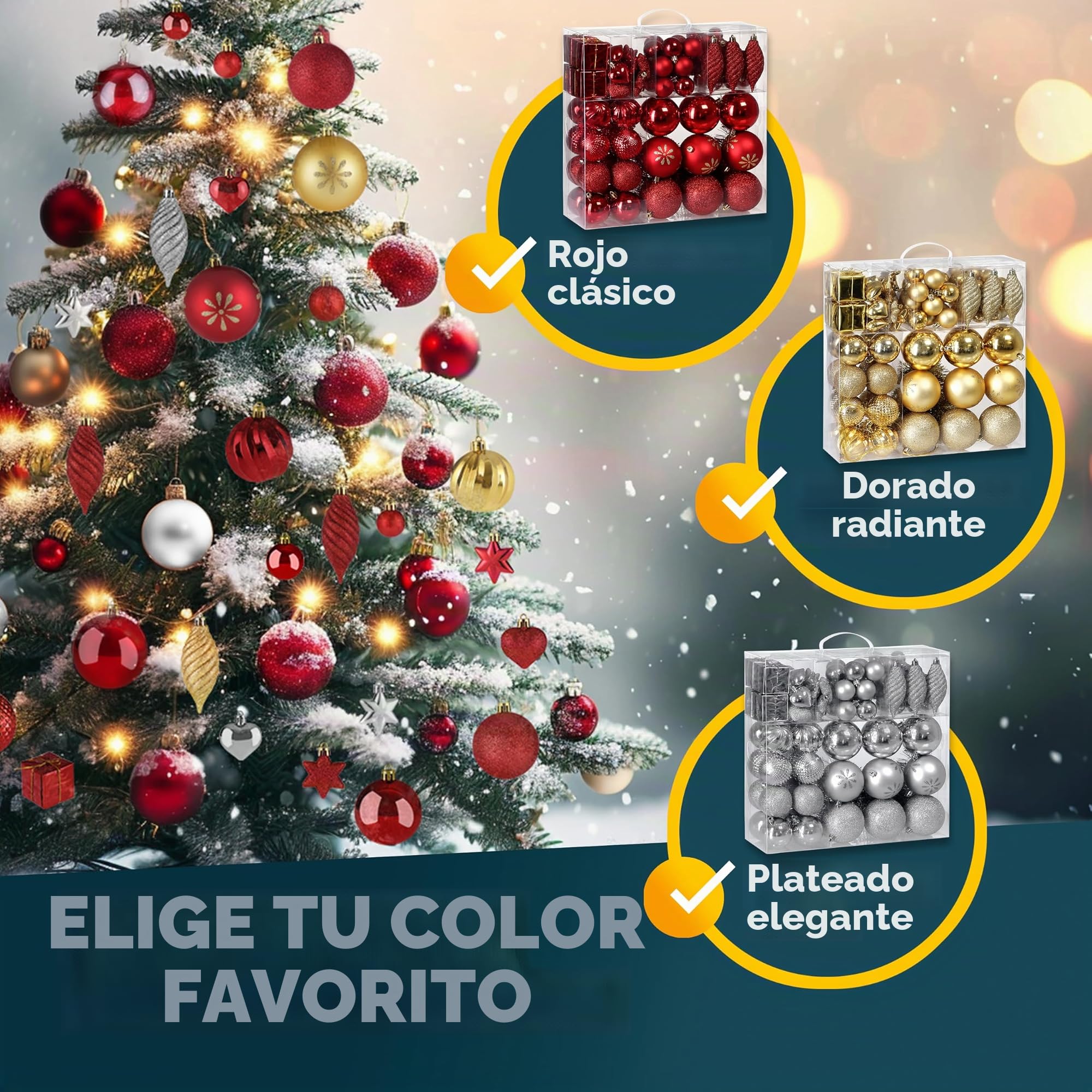 DEUBA® Bolas Adornos para Árbol de Navidad Set Completo 103Pzs. Decoración Navideña Colgante Rojo