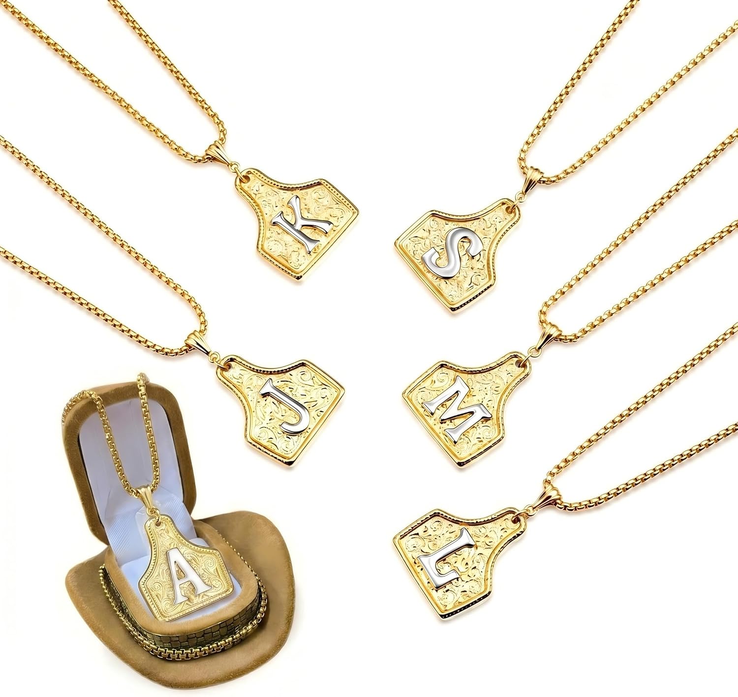 Western Style Initial Necklace for Women Men, Cow Tag Pendant Necklace with letters, 14K Gold-Plated Letter Necklace, Cowgirl Valentine's Day Jewelry Gift image 5