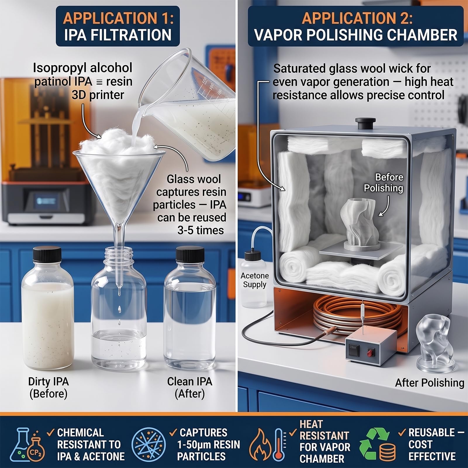 Filtro de lana de vidrio sin álcalis para uso en laboratorio, 100 g, fibra de vidrio, material de aislamiento de alta calidad para aplicaciones experimentales, resistente al calor