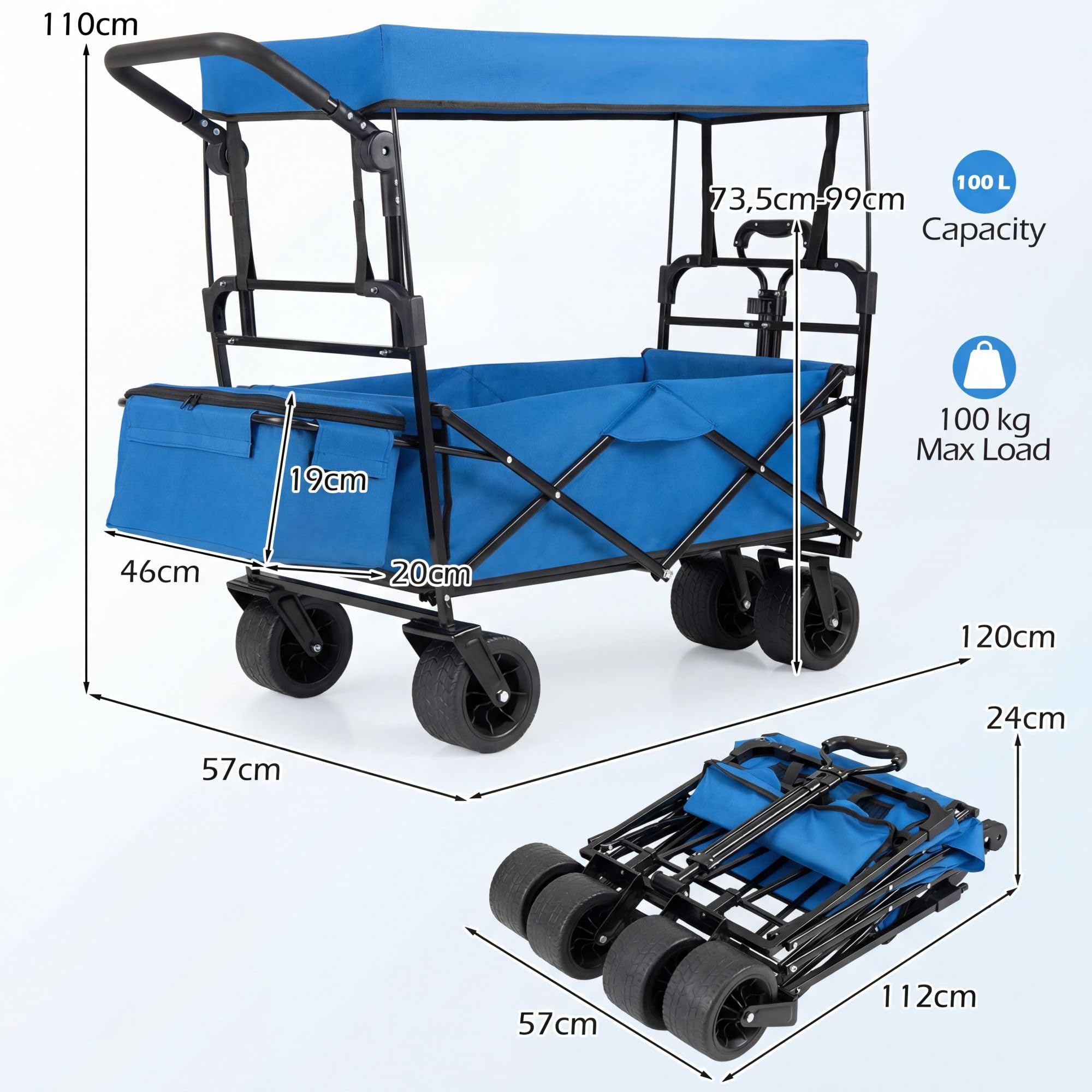 SOARS Carrello Spiaggia Pieghevole con Tetto, Carrello da Trasporto con Ruote Grandi e Borsa Portatutto, Carrello da Campeggio e Giardino, in Acciao Resistente, Chiusura Rapida, 100 KG, 100L (Blu)