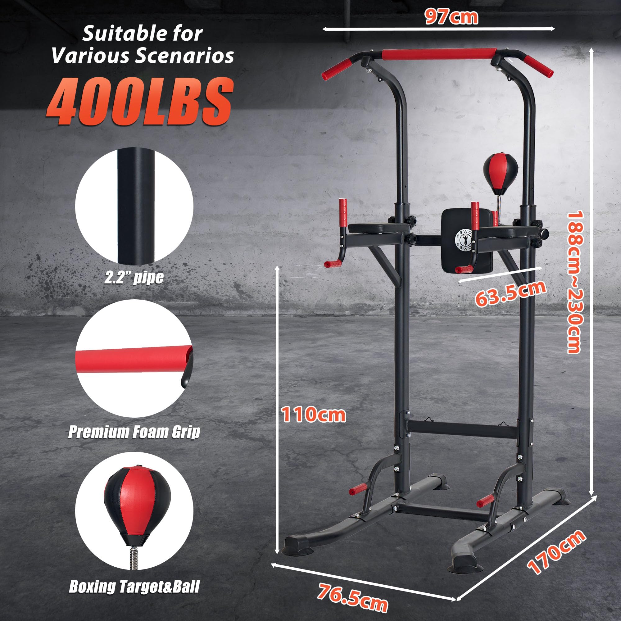 sogesfurniture Power Tower, Dip Station, estación de fuerza multifuncional con barra de dominadas y asas para flexiones, pelota de boxeo, altura regulable de 188 – 230 cm
