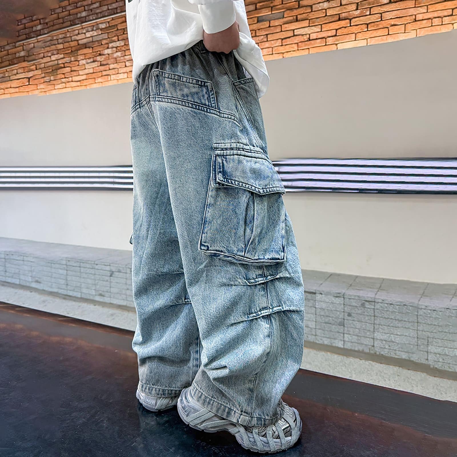 Jeans baggy para niños Vaqueros de cintura media Tejido denim resistente Vaqueros estilo callejero Elásticos y cómodos Pantalones de denim lavados Diseño unisex niño y niña Tendencia moderna juvenil