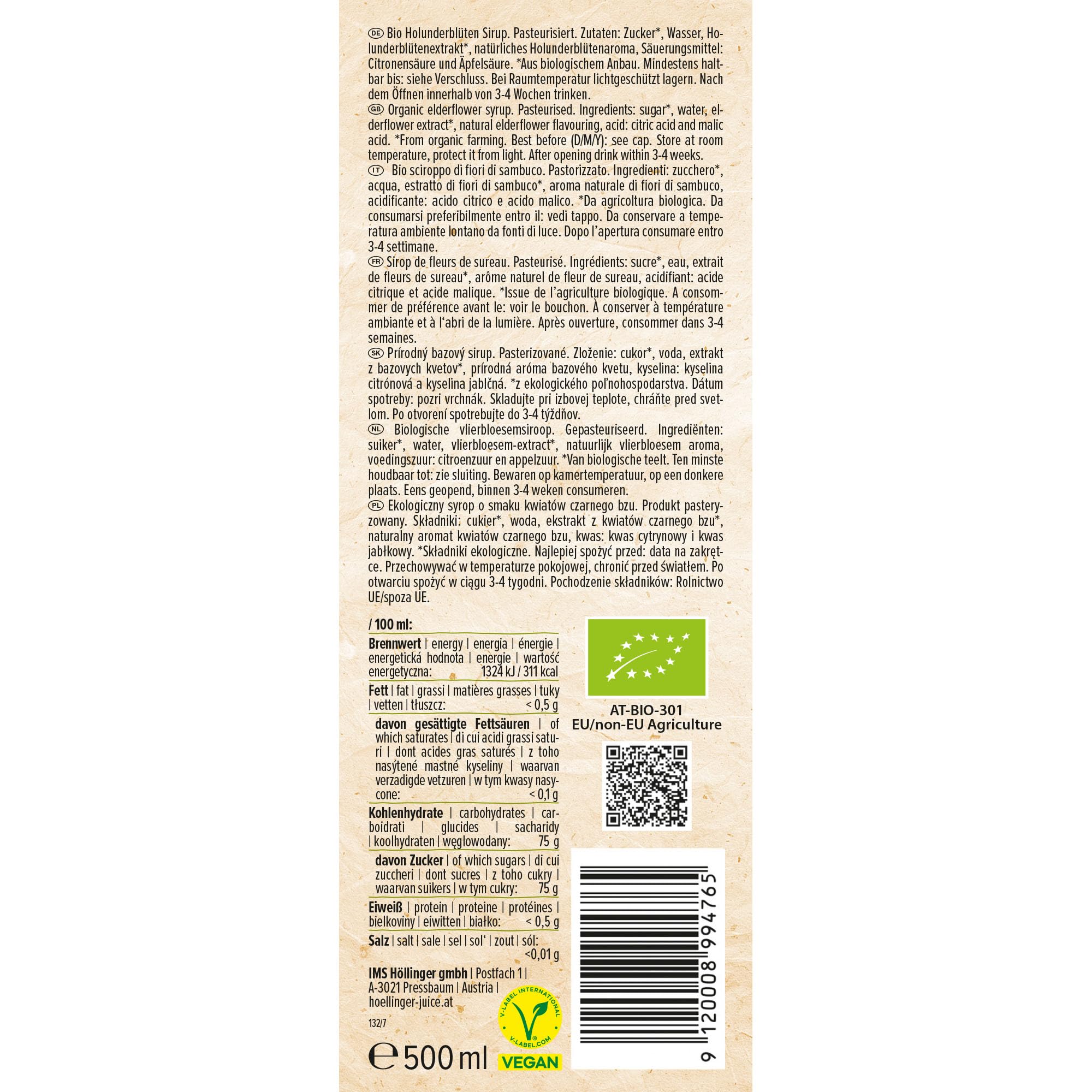 Sciroppo di fiori di sambuco biologico Höllinger - Organic Elderflower Syrup, Vegan, 3x500ml Glass Bottle, Natural Elderflower Flavor