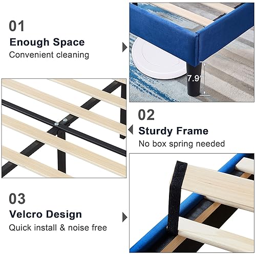 Miniatura 40 de VECELO Base de cama tamaño matrimonial tapizada con cabecera de tela, soporte de listones de madera, no necesita somier, base de colchón, color