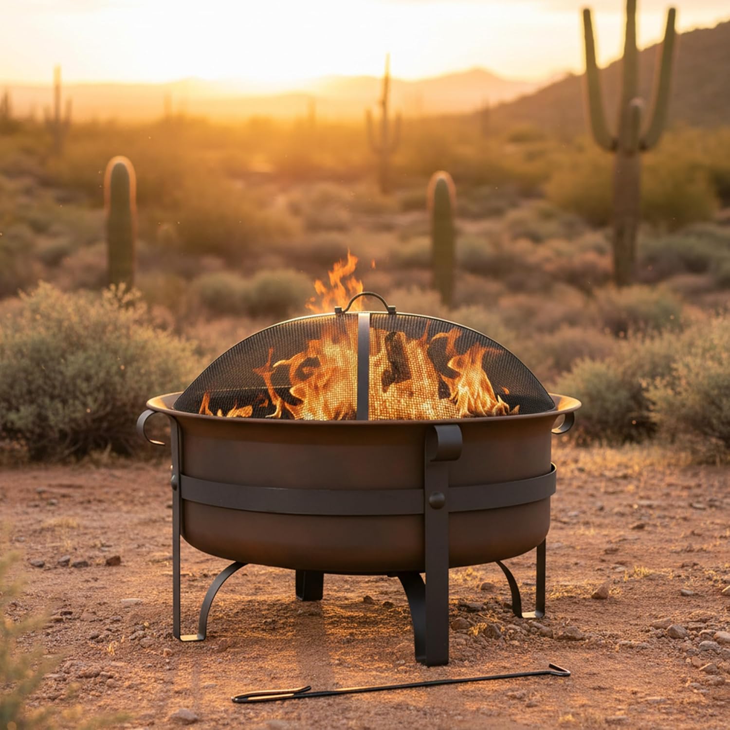 Sunnydaze 29-Inch Wood-Burning Outdoor Fire Pit - Bronze Cauldron Wood Fire Pit for Outside - Includes Poker and Spark Screen