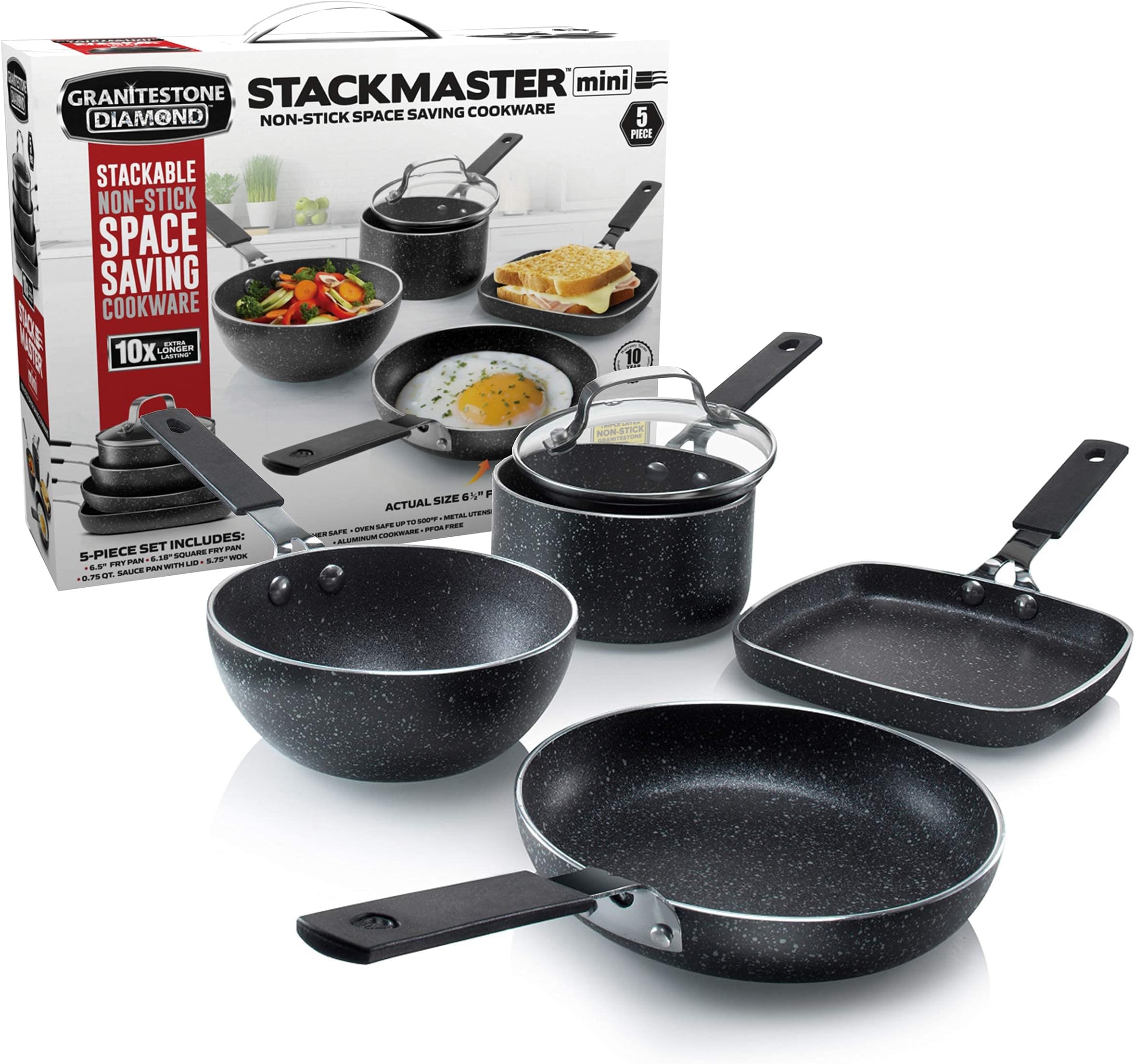 Granitestone Original Stackmaster 5 Piece Mini Cookware Set, Scratch-Resistant Nonstick Pots and Pans, Granite-coated Anodized Aluminum Dishwasher Safe PFOA-Free Stackable Cooking Set As Seen On TV