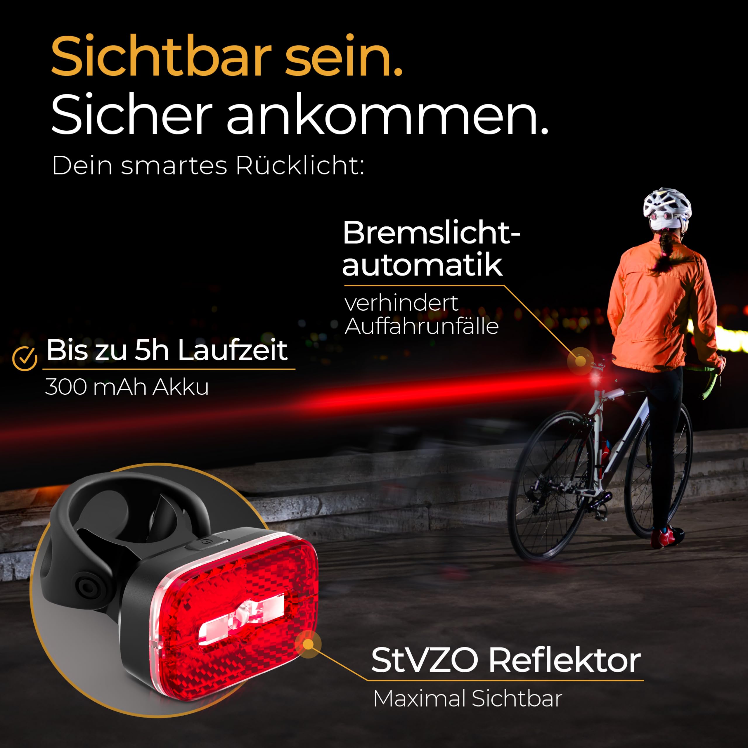 LICHTMEISTER® Fahrradlicht 100 Lux - 2000 mAh Akku - mit Reflektor und Bremslicht - StVZO zugelassen, USB-C aufladbar & wasserfest - Fahrradlicht Set - LED Fahrradbeleuchtung - Fahrrad Licht vorne