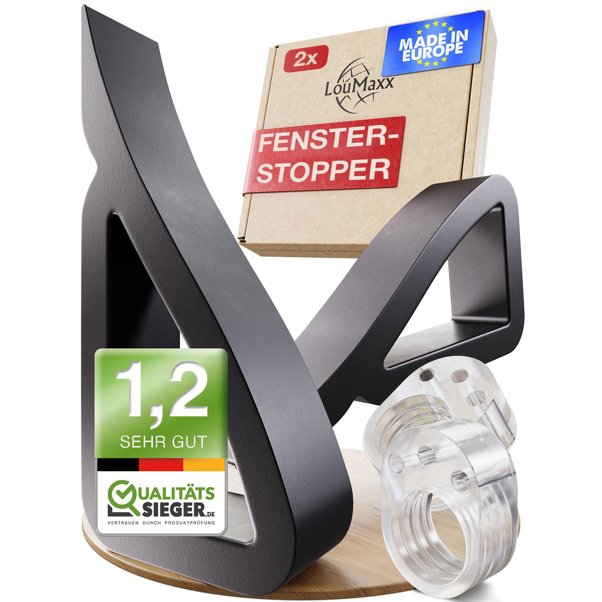 LouMaxx Window Stopper – Window Wedge – Window Stopper – Door Stopper Plastic – The Allrounder in Door and Window Open Holder – Pack of 2 in Black with Door Handle Buffer