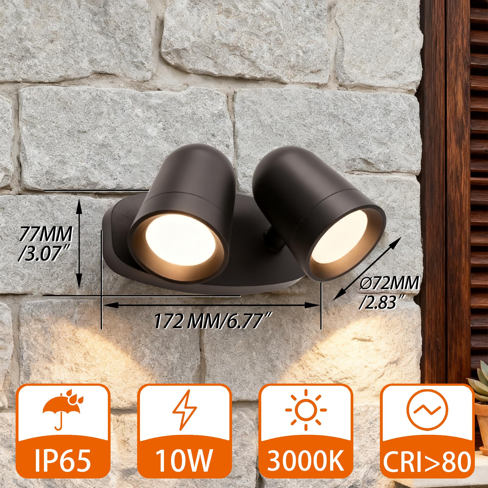 JNR Applique da Esterno, IP65 Impermeabile Lampade da Esterno, Nero | Doppio faretto orientabile a 330°,Alluminio Applique da Parete Esterno 230V 2*5W GU10 3000K LED Lampadina Inclusa