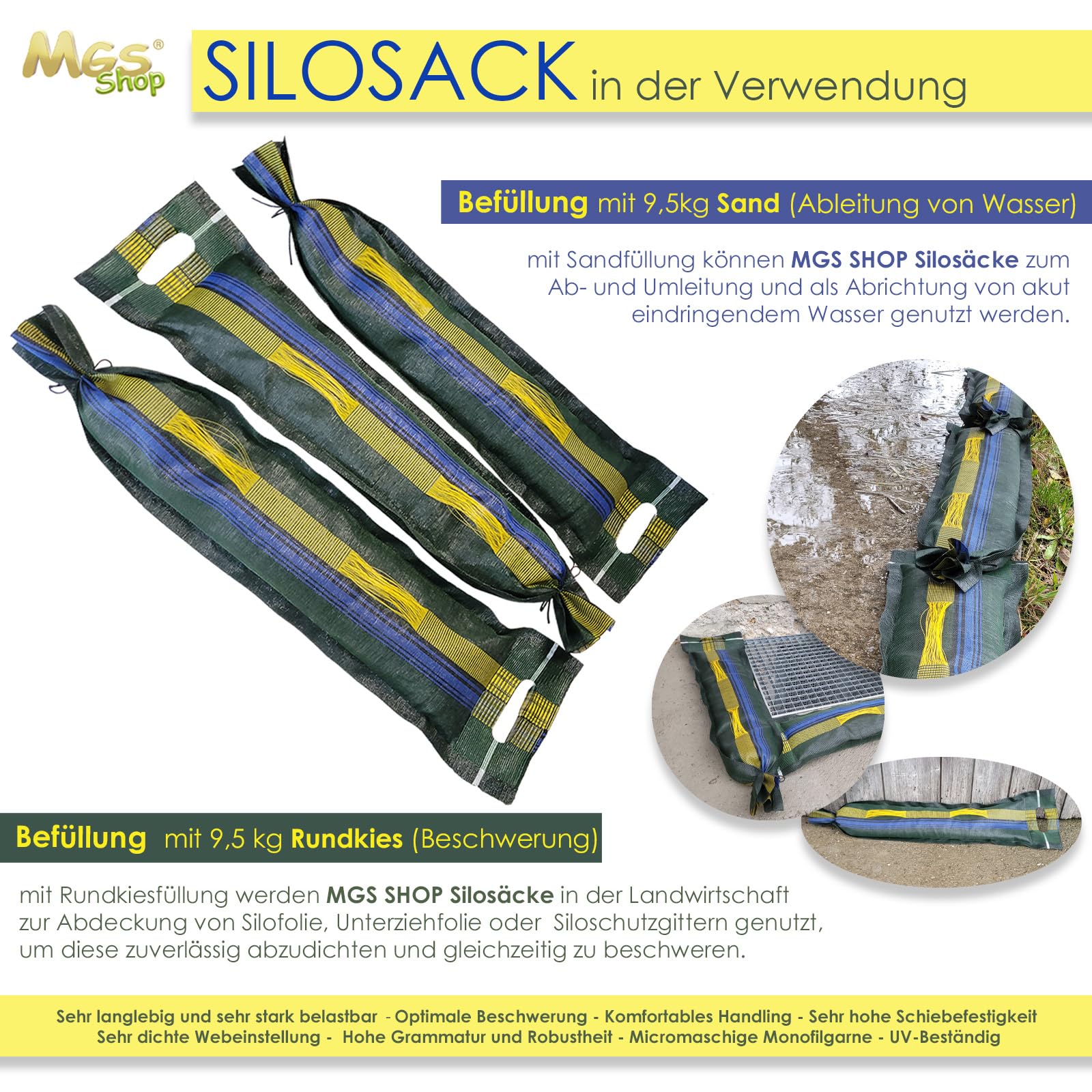 MGS SHOP Silosäcke 3 Stück Hochwassersäcke fertig befüllt mit Sand oder Kies Sandsäck 100x25cm Silosandsäcke (mit Spezial-Sand-Füllung)