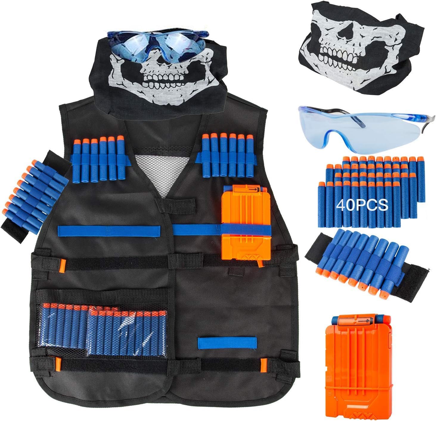 Kit Completo de 45Pcs para Strike Elite – Chaleco Táctico Ajustable para Niños + 40 Dardos, Máscara Protección, Gafas Seguridad, Cargador Rápido y Muñequera – Compatible pistolas N.E.R.F