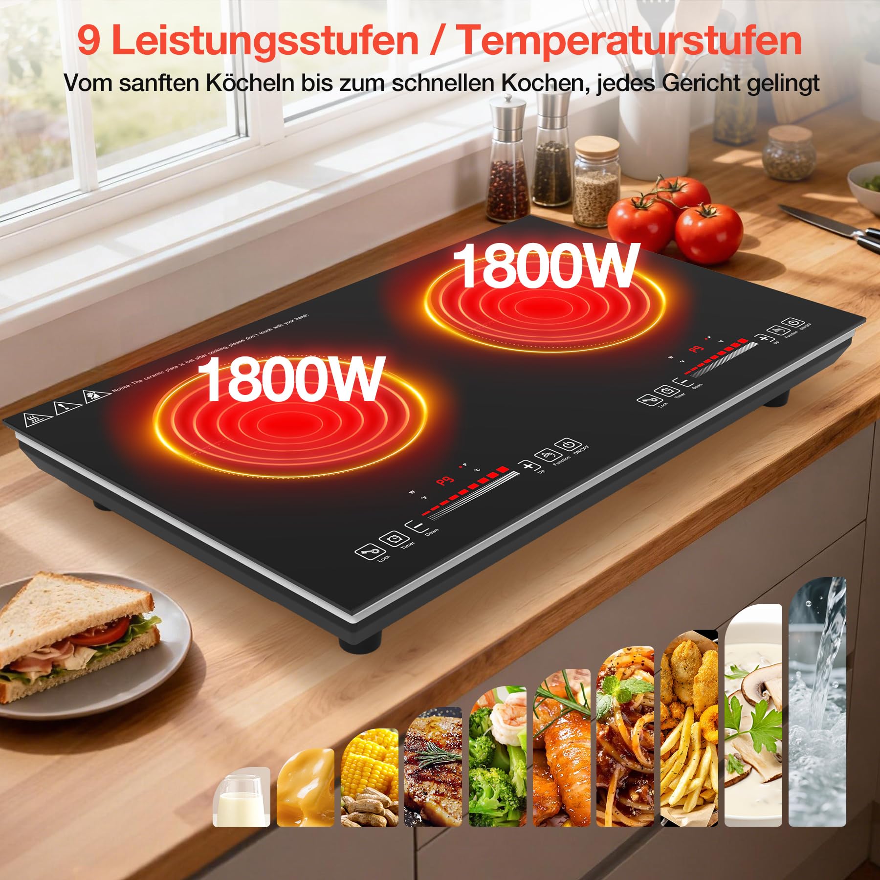 Induktionskochfeld 2 Platten 3600W, Freistehende Kochplatte Elektrisch 60cm mit 9 Leistungsstufen, Timer und Kindersicherung, Doppelkochplatte für Küche und Wohnung
