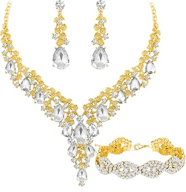 Paxuan Wedding Bridal Bridesmaid Austrian Crystal Rhinestone Jewelry Sets Statement Choker Necklace Earrings Bracelets Sets for Wedding Party Prom