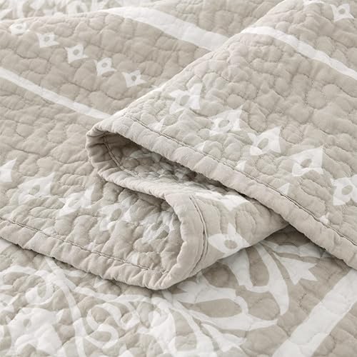 Miniatura 7 de Juego de edredón de tamaño Queen, 100% algodón, bohemio, acolchado, bohemio, tamaño Queen, color beige, blanco, a rayas, reversible, ligero, para