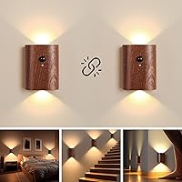 Vista 1 de Lámpara de pared LED de madera, luces nocturnas con sensor de movimiento, apliques recargables, luces para dormitorio (madera de nogal, 2 unidades)