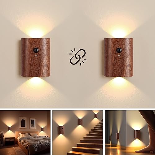 Miniatura 10 de Lámpara de pared LED de madera, luces nocturnas con sensor de movimiento, apliques recargables, luces para dormitorio (madera de fresno blanco, 2