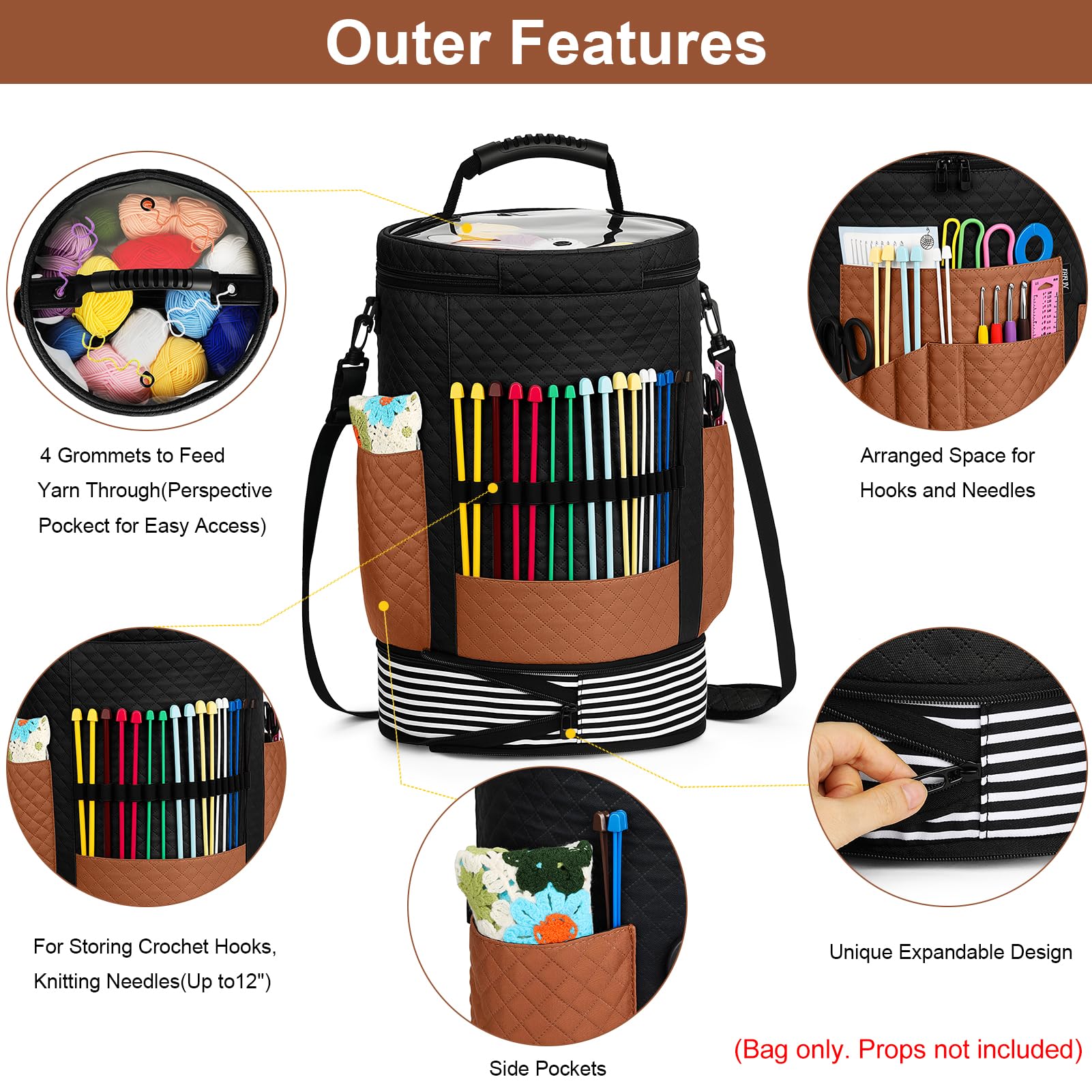 IBFUN Häkelgarn, Stricktasche, 3 Stück, erweiterbarer Garnaufbewahrung, Organizer, Häkeltasche mit Zubehörhüllen, verstellbarer Riemen für Haken, Nadeln, Zubehör, Häkelliebhaber, Zubehör, Anfänger
