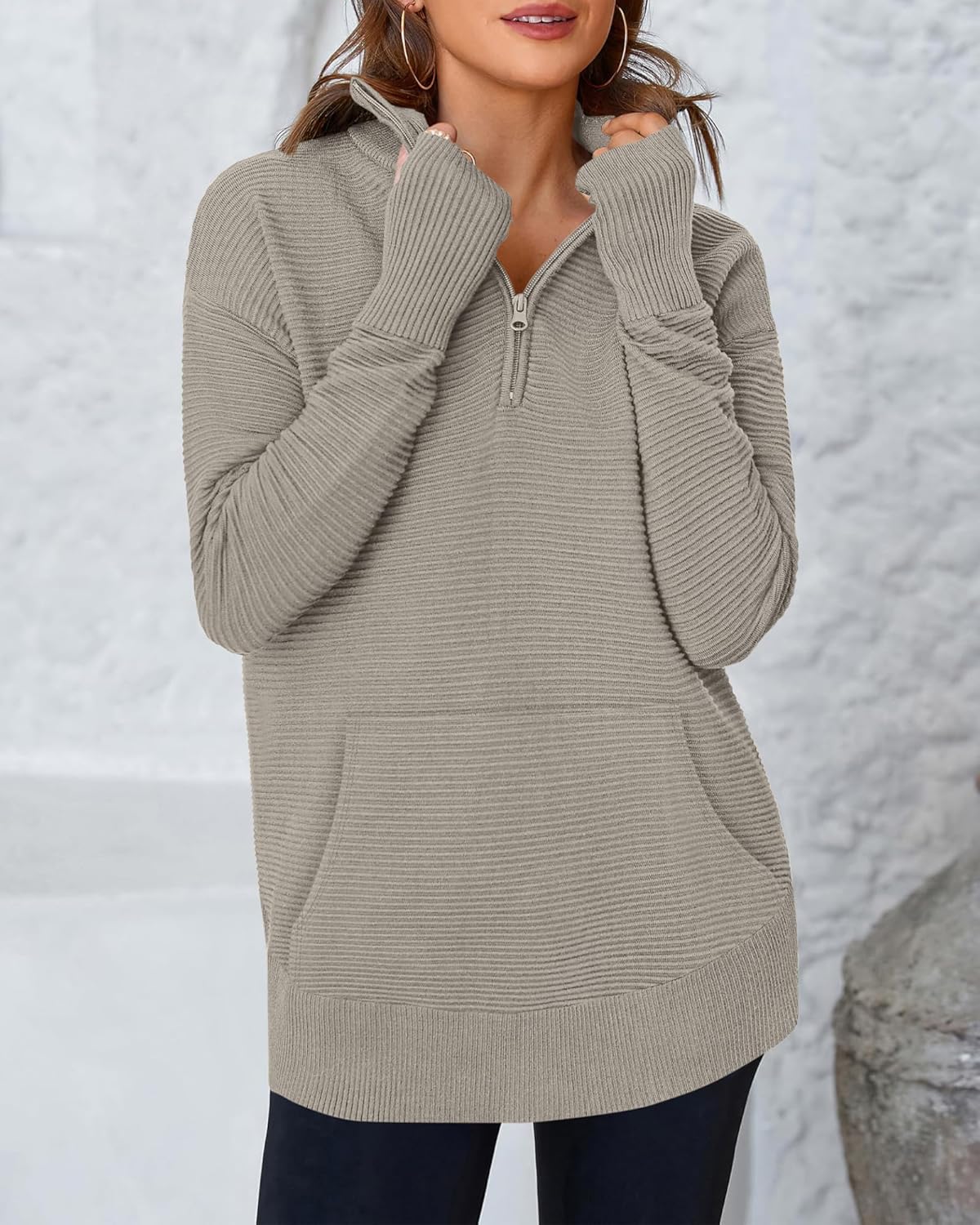 BTFBM Sweaters for Women Fall Clothes 2026 Pocket Quarter Zip Pullover V Neck Long Sleeve Knit Trendy Winter Sweater - Image 4